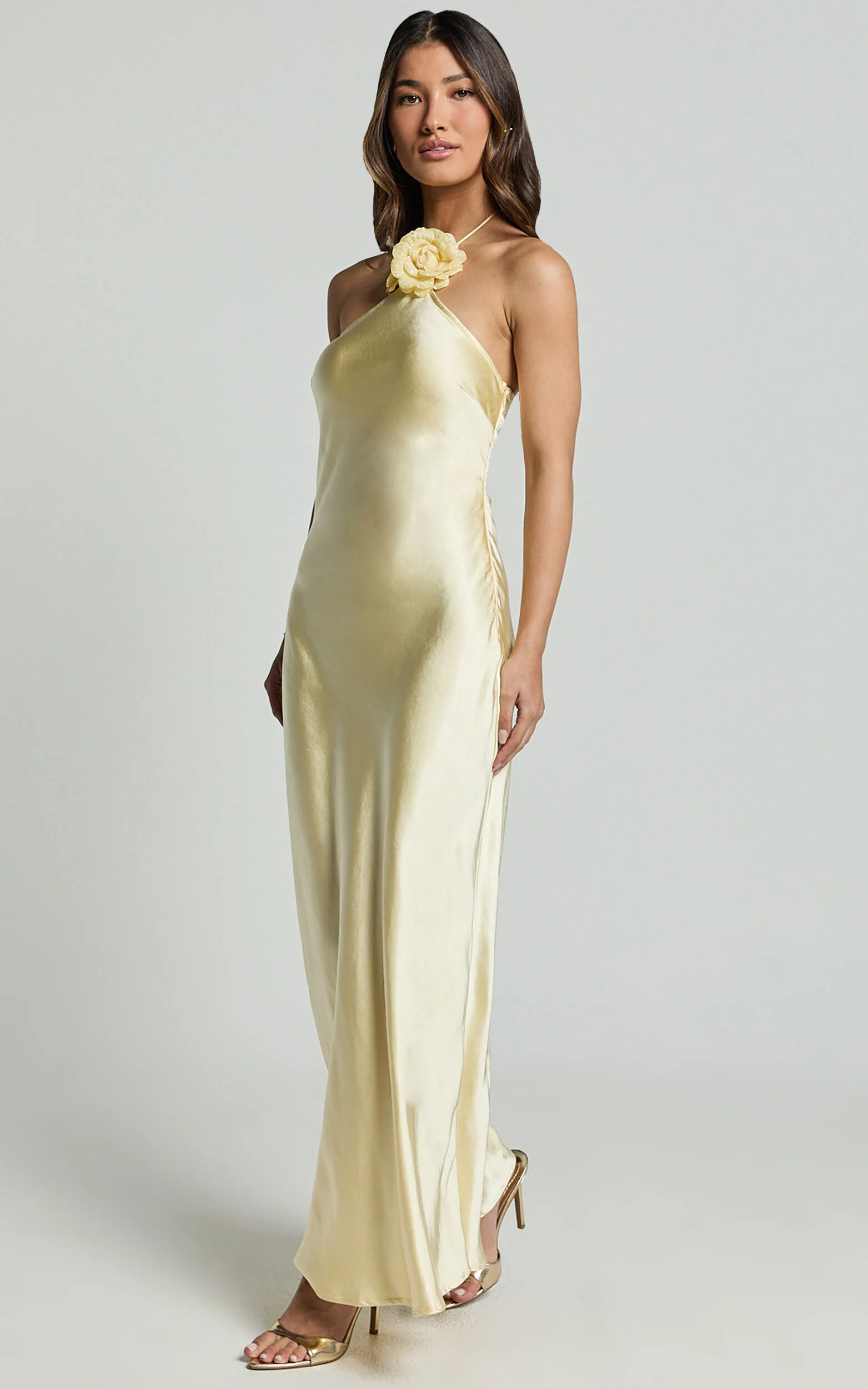 Keithy Midi Dress - Rosette Halter Neck Slip Dress in Lemon