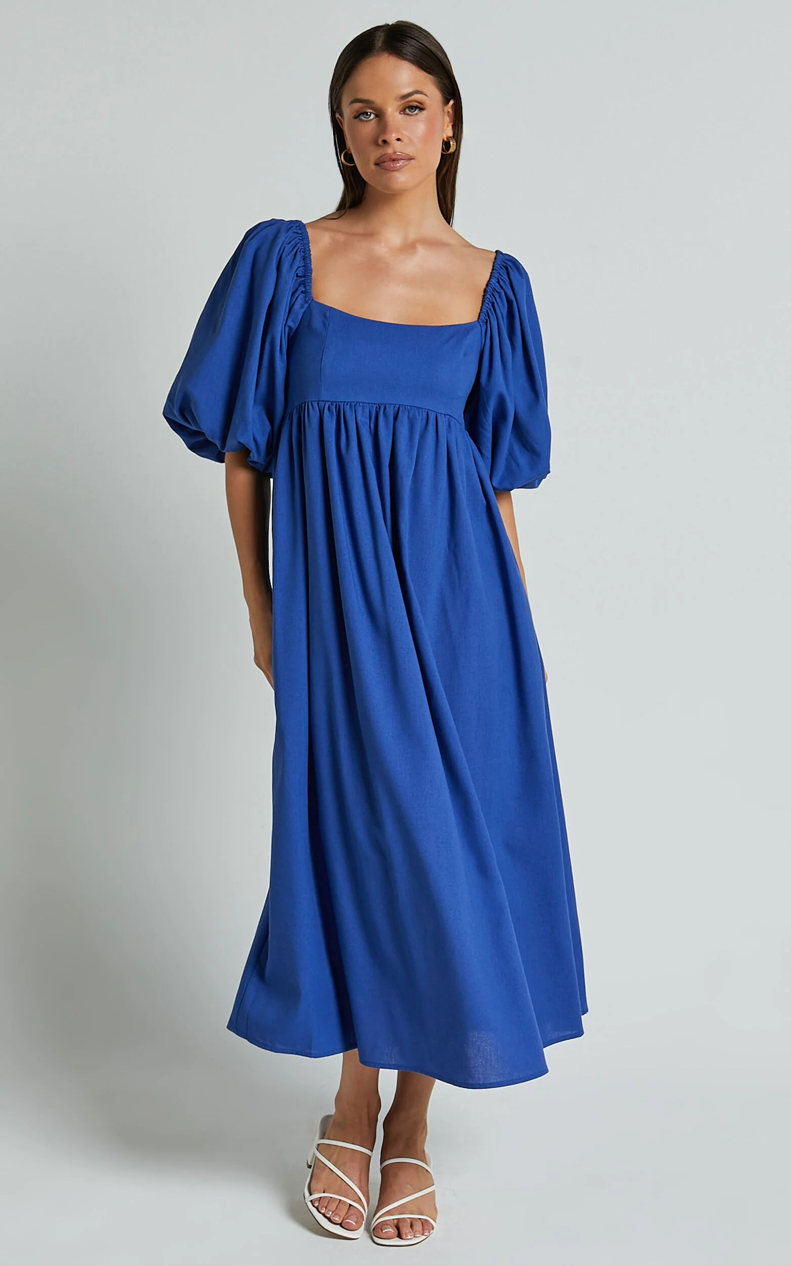 Cenia Midi Dress - Linen Straight Neck Shirred Back Puff Sleeve Dress in Bright Blue
