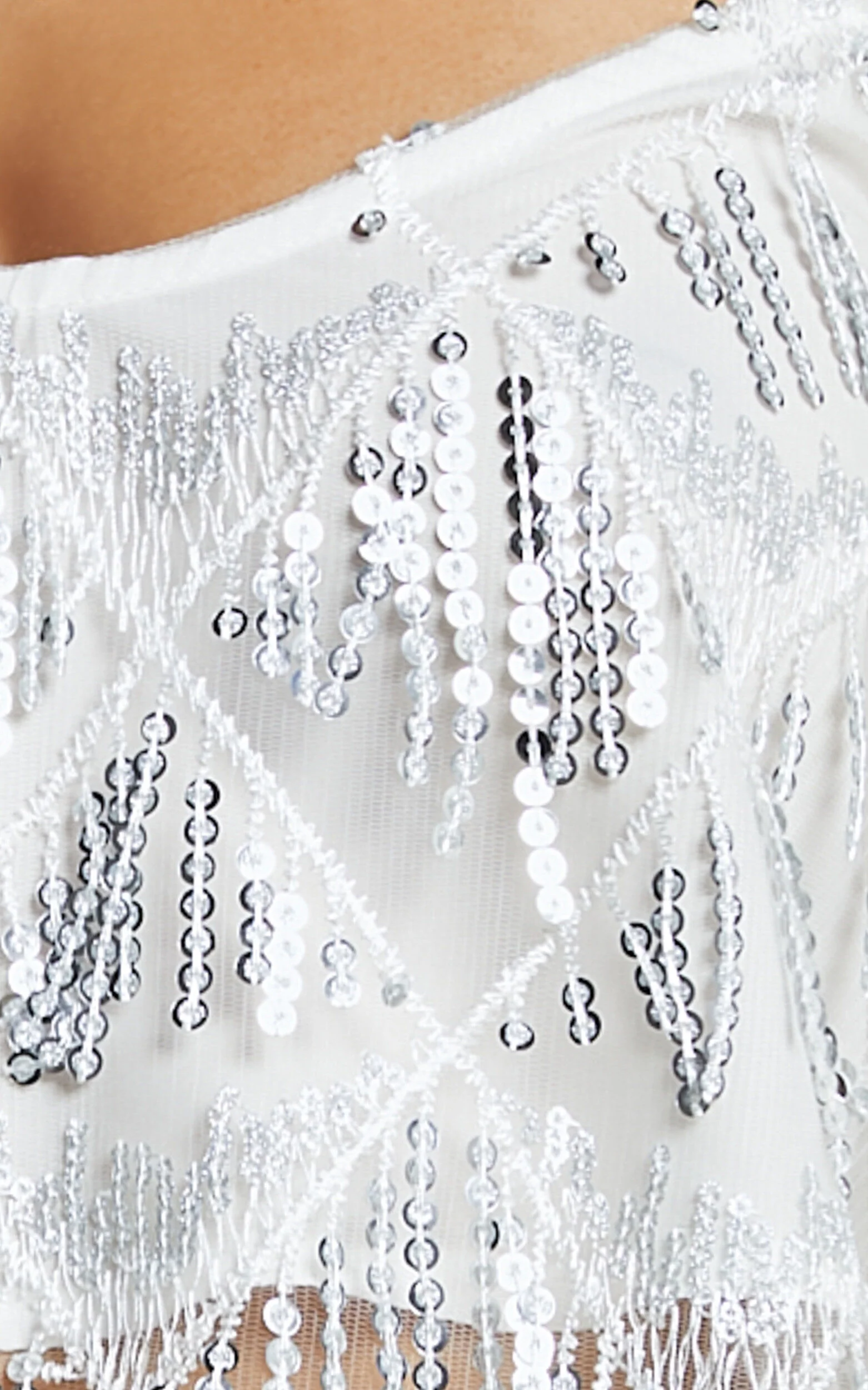 Khrizza Top - Sequin Diamond Mesh Cropped Cami Top in White/Silver