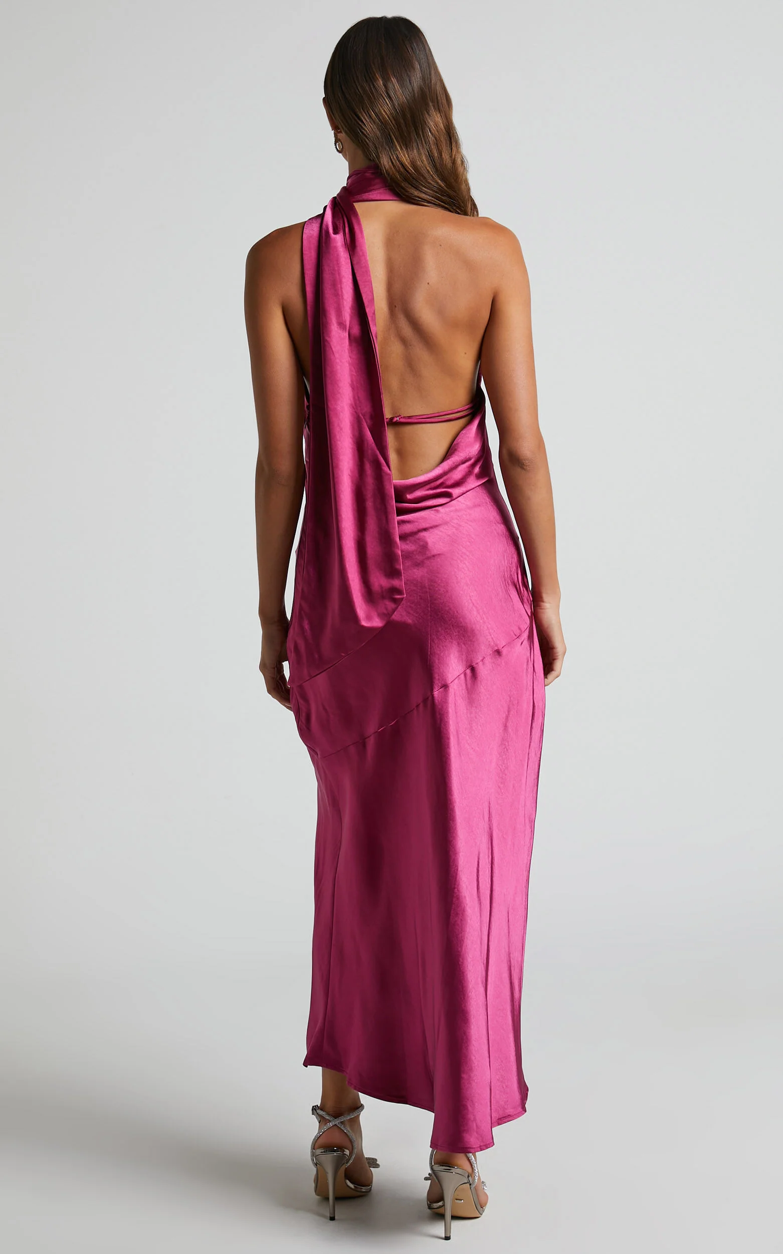 Evana Midi Dress - High Asymmetrical Neck Satin Slip Dress in FUSCHIA