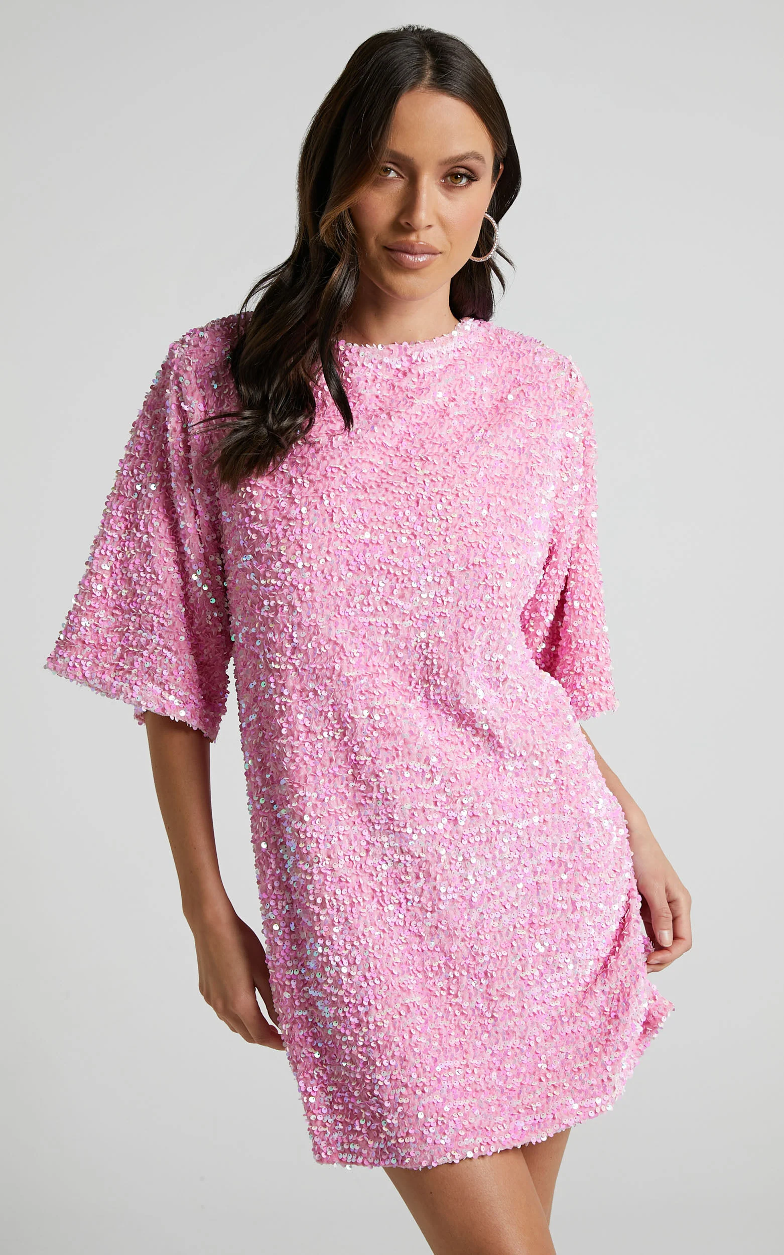 Valetta Mini Dress - Sequin low back shift dress in Pink Sequin