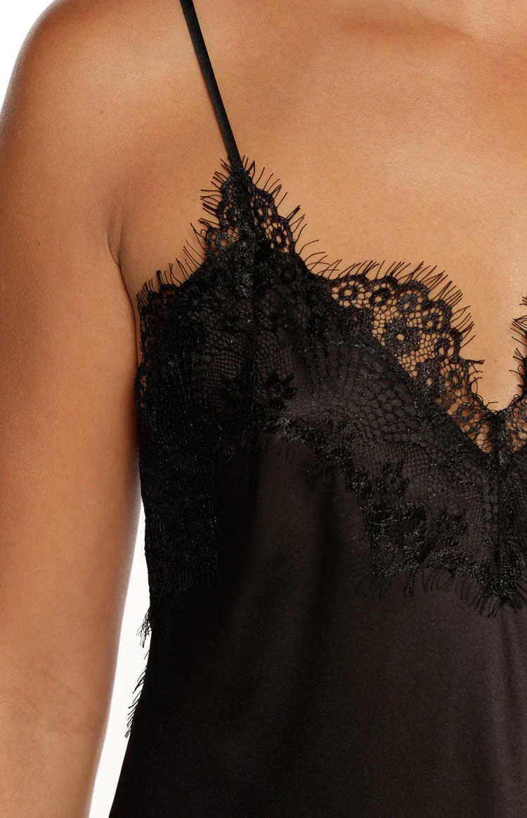 Ziva Black Satin Lace Trim Asymmetrical Top