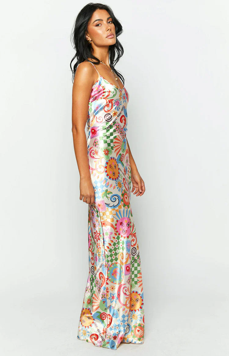 Renesmee Satin Summer Print Maxi Dress
