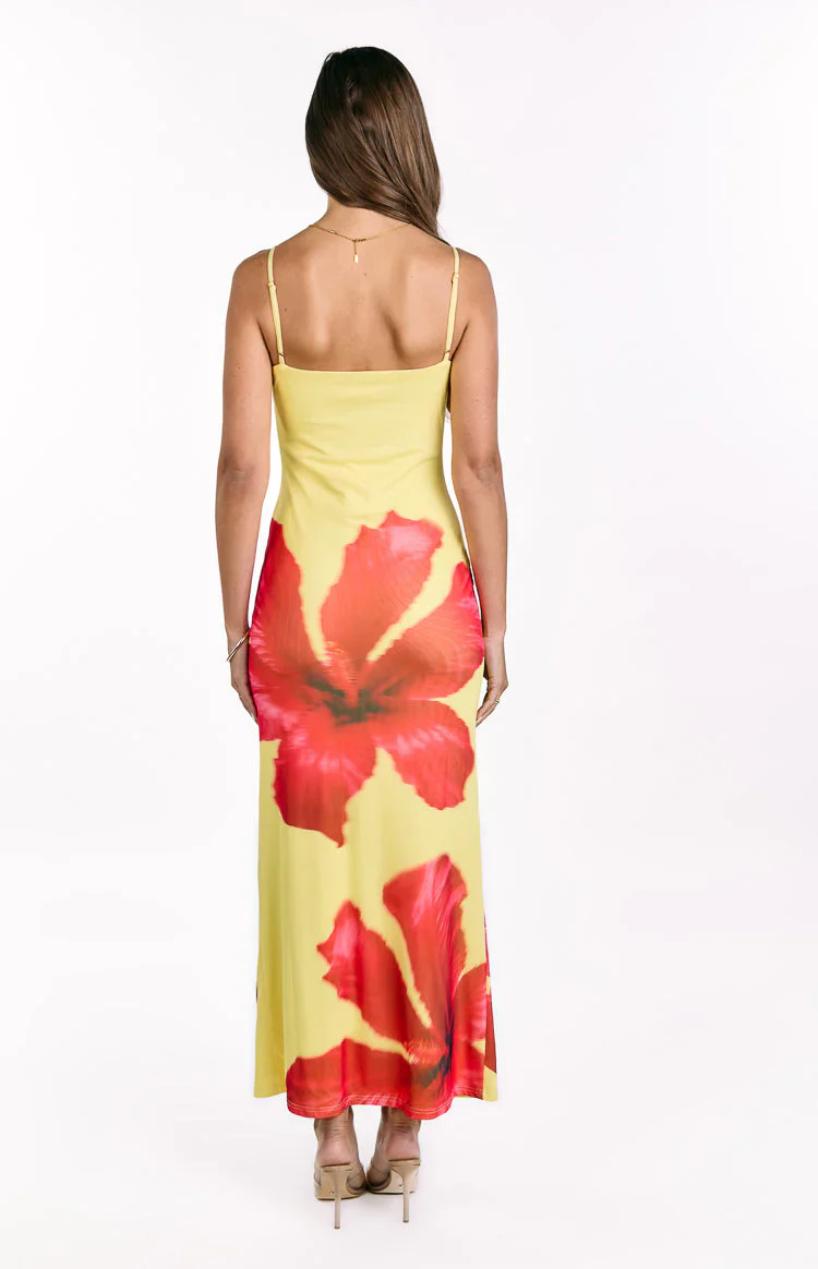 Rosalyn Yellow Hibiscus Print Maxi Dress