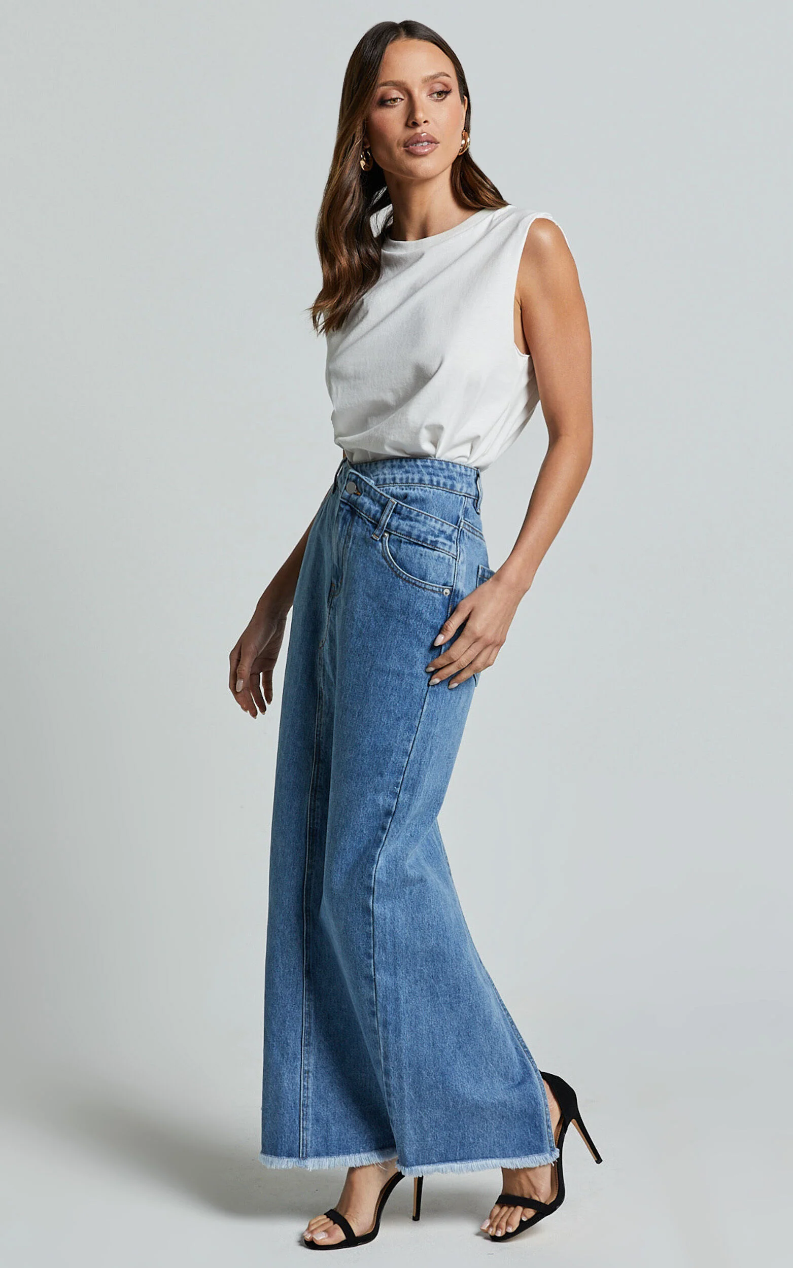 Evelyn Maxi Skirt - High Asymmetrical Waist Frayed Hem Denim Skirt in Mid Blue Wash