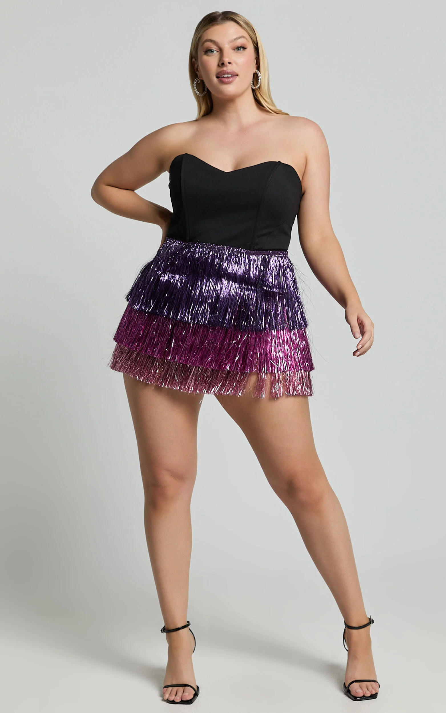 Flossie Mini Dress - Sweetheart Fringe Layered Dress in Black