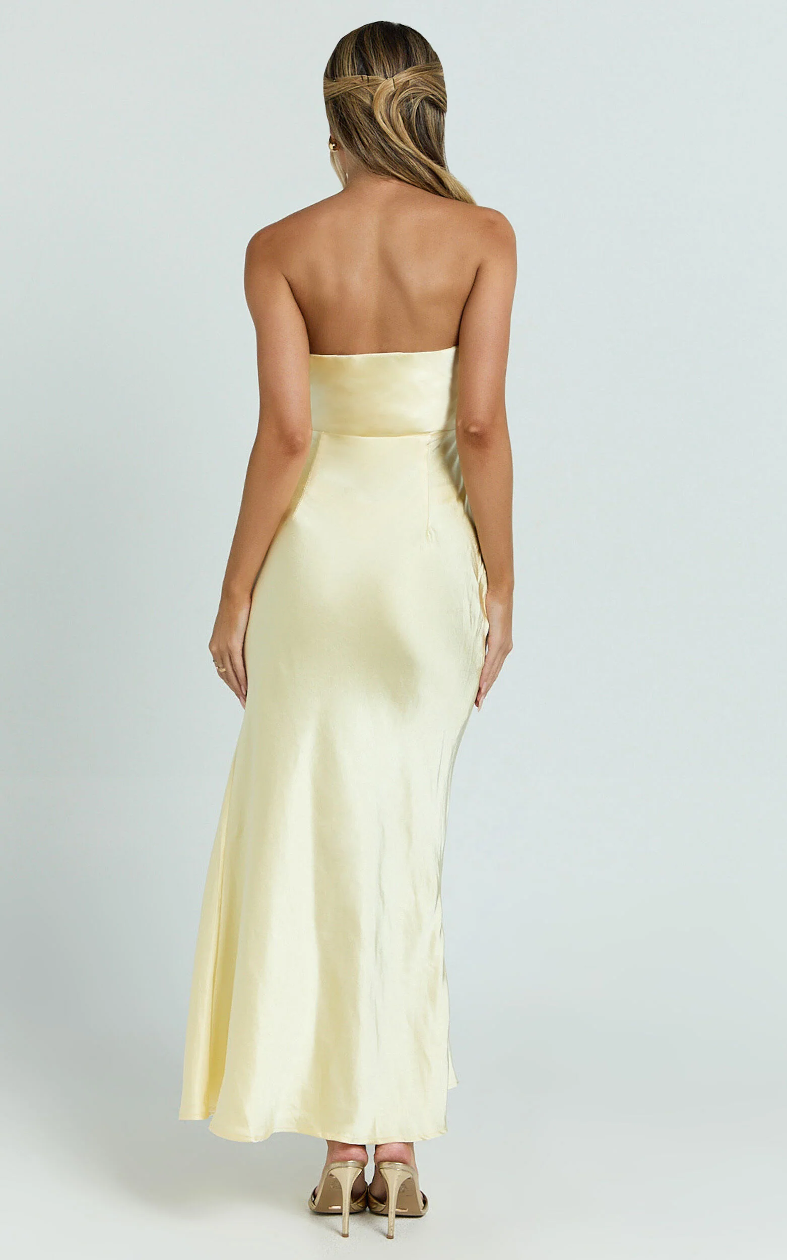 Glenda Midi Dress - Satin Strapless Side Split Dress in Lemon