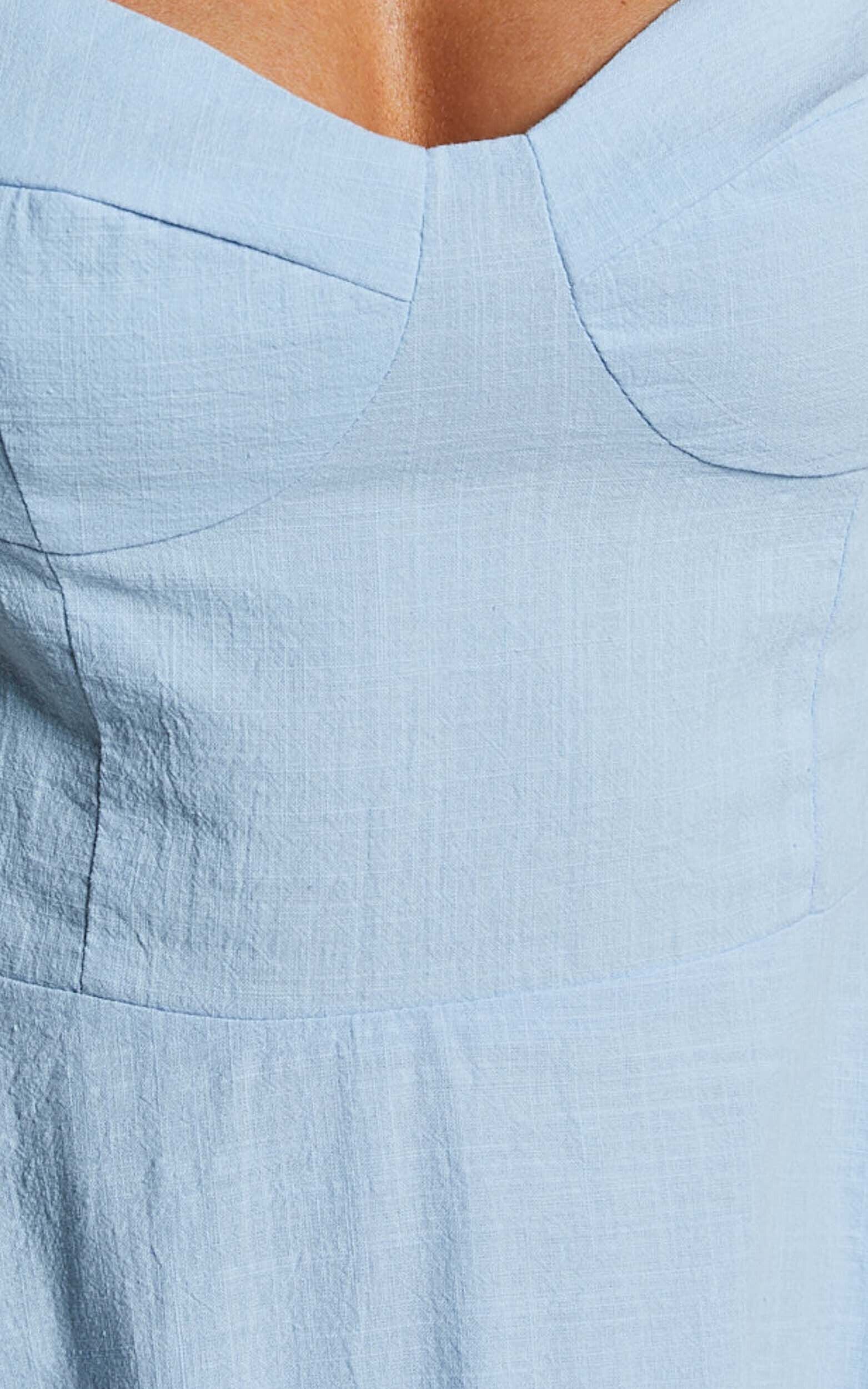 Tymia Midi Dress - Shoulder Tie Bustier Shirred Back A Line in Pastel Blue