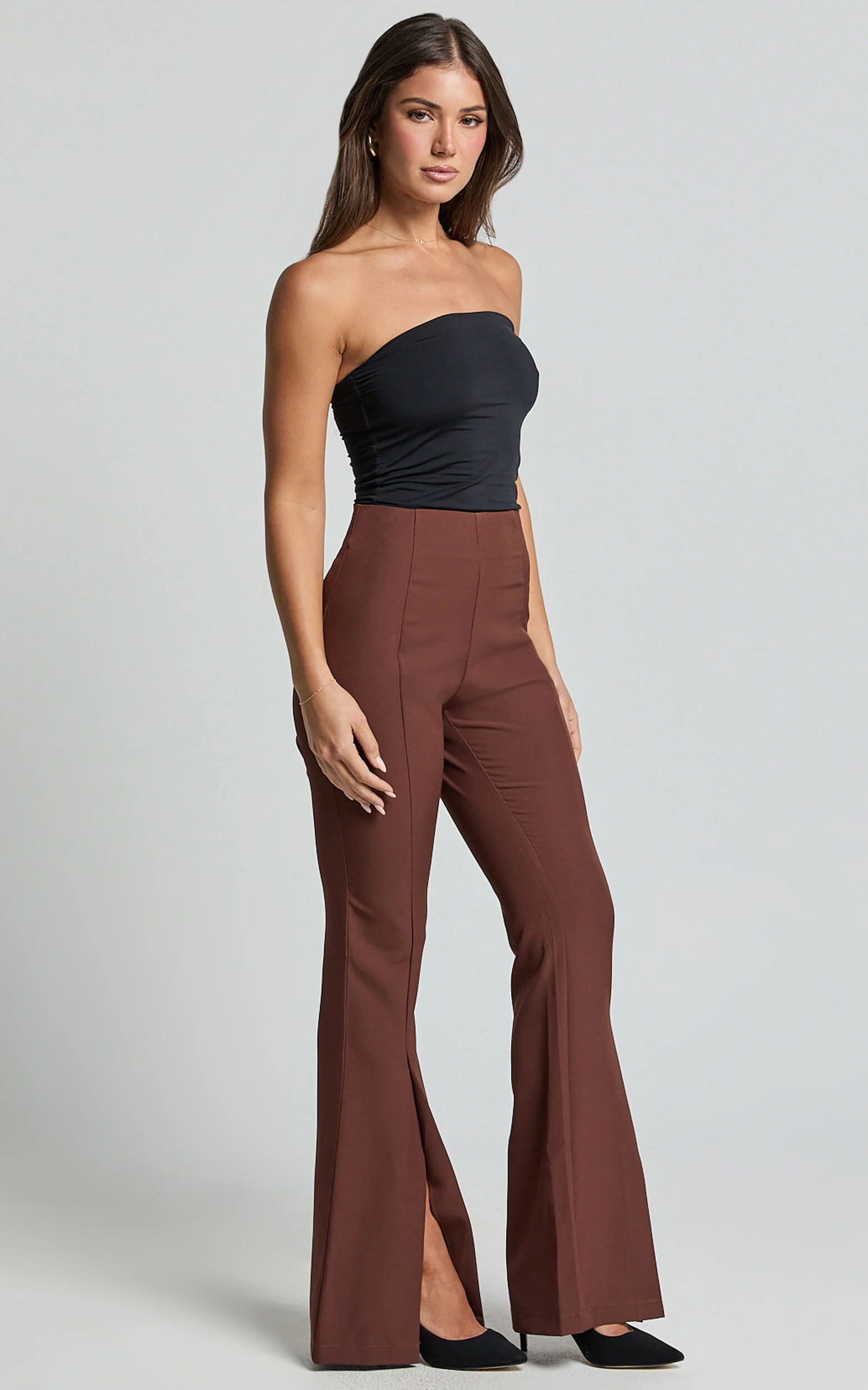 Volta Pants - Front High Waisted Split Boot Leg Kick Out Pants in Chocolate