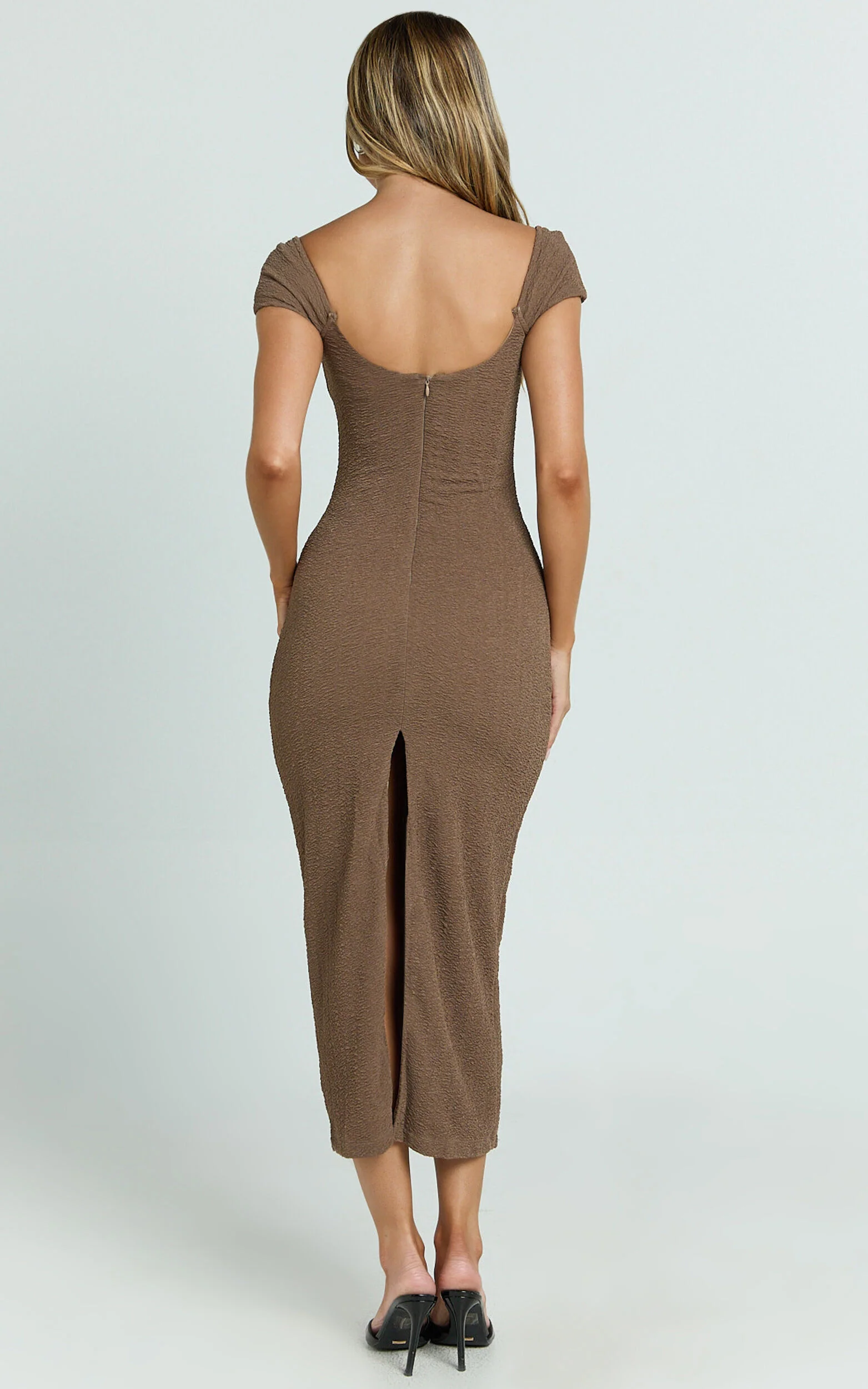 Elia Midi Dress - Cap Sleeve Sweetheart Underwire Fitted Dress in Brown