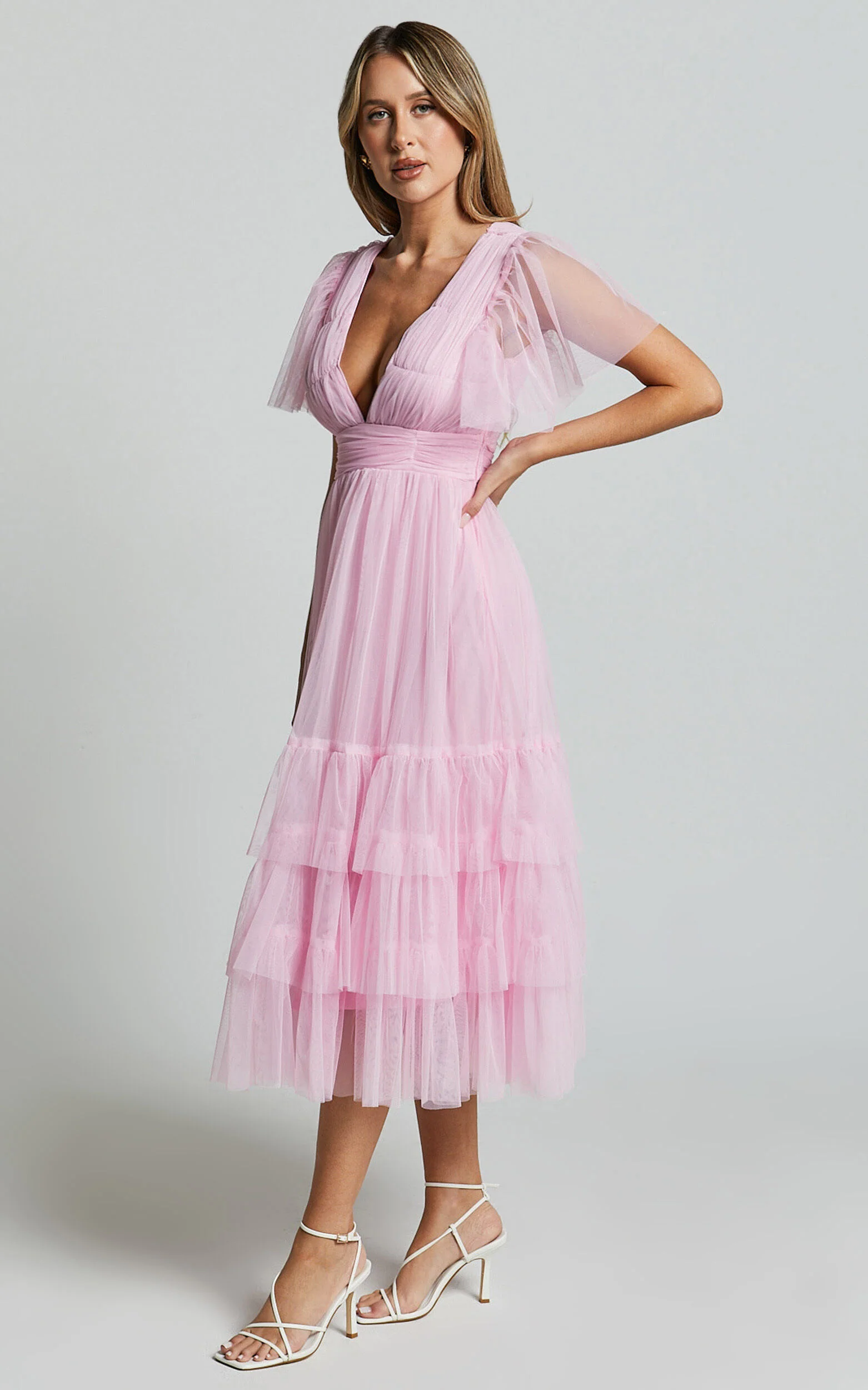 Jiraye Midi Dress - Flutter Sleeve Tuelle Plunge Dress in Ballet Pink