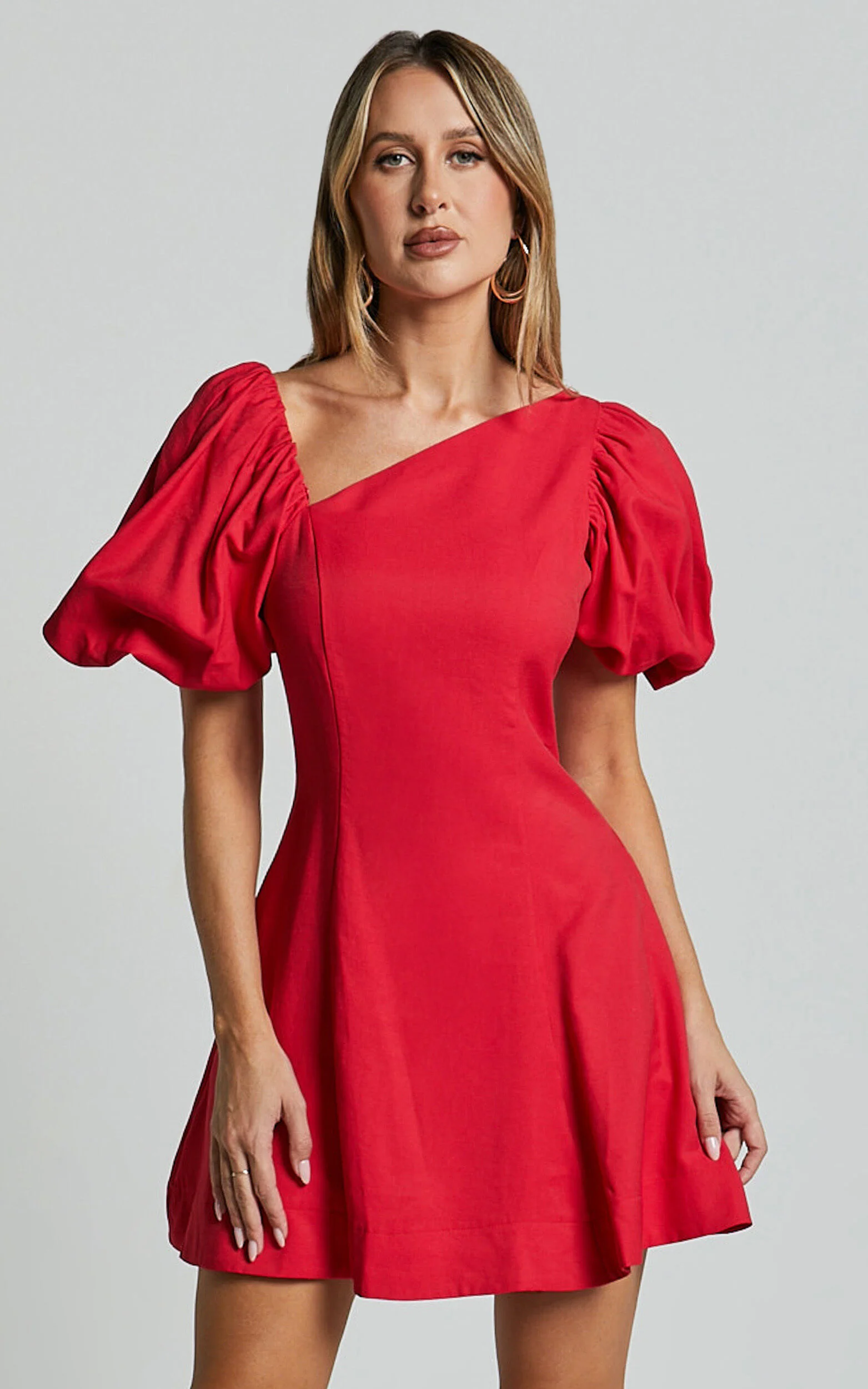 Harlow Mini Dress - Asymmetric Puff Sleeve Flare Dress in Red