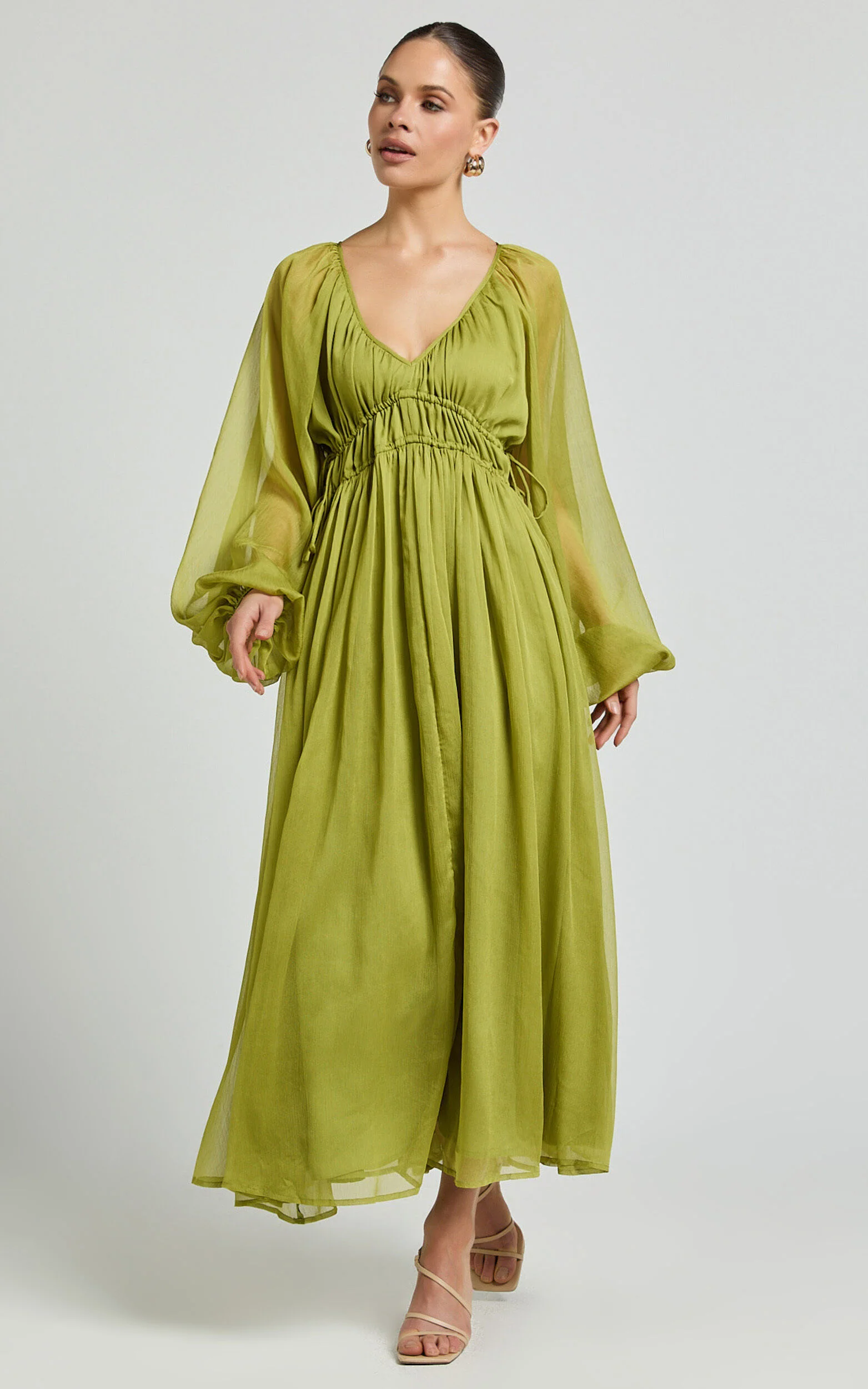 Roxanna Maxi Dress - Long Sleeve Ruched Waist Dress in Green