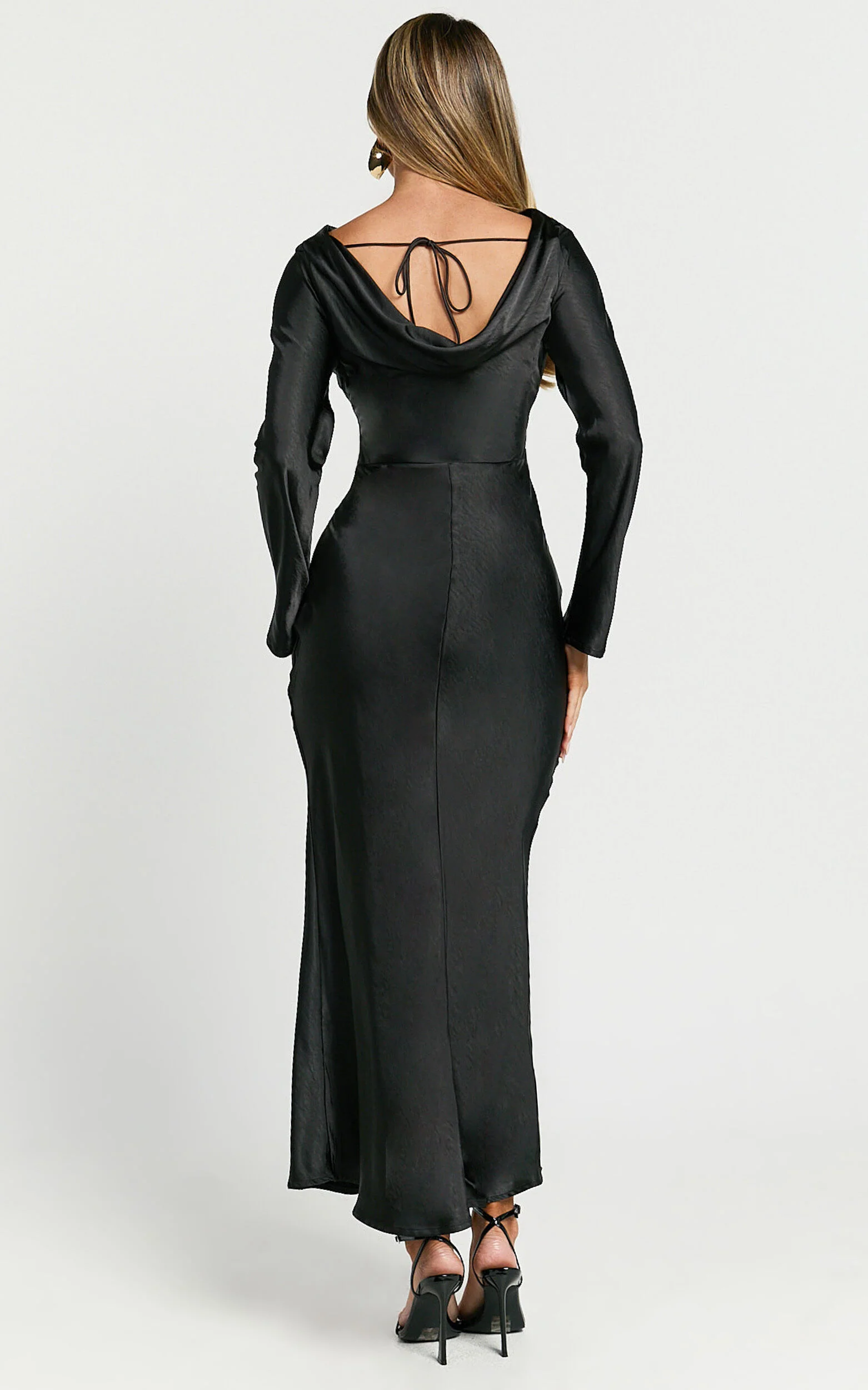Arriana Midi Dress - Long Sleeve Cowl Back Satin Dress in Black