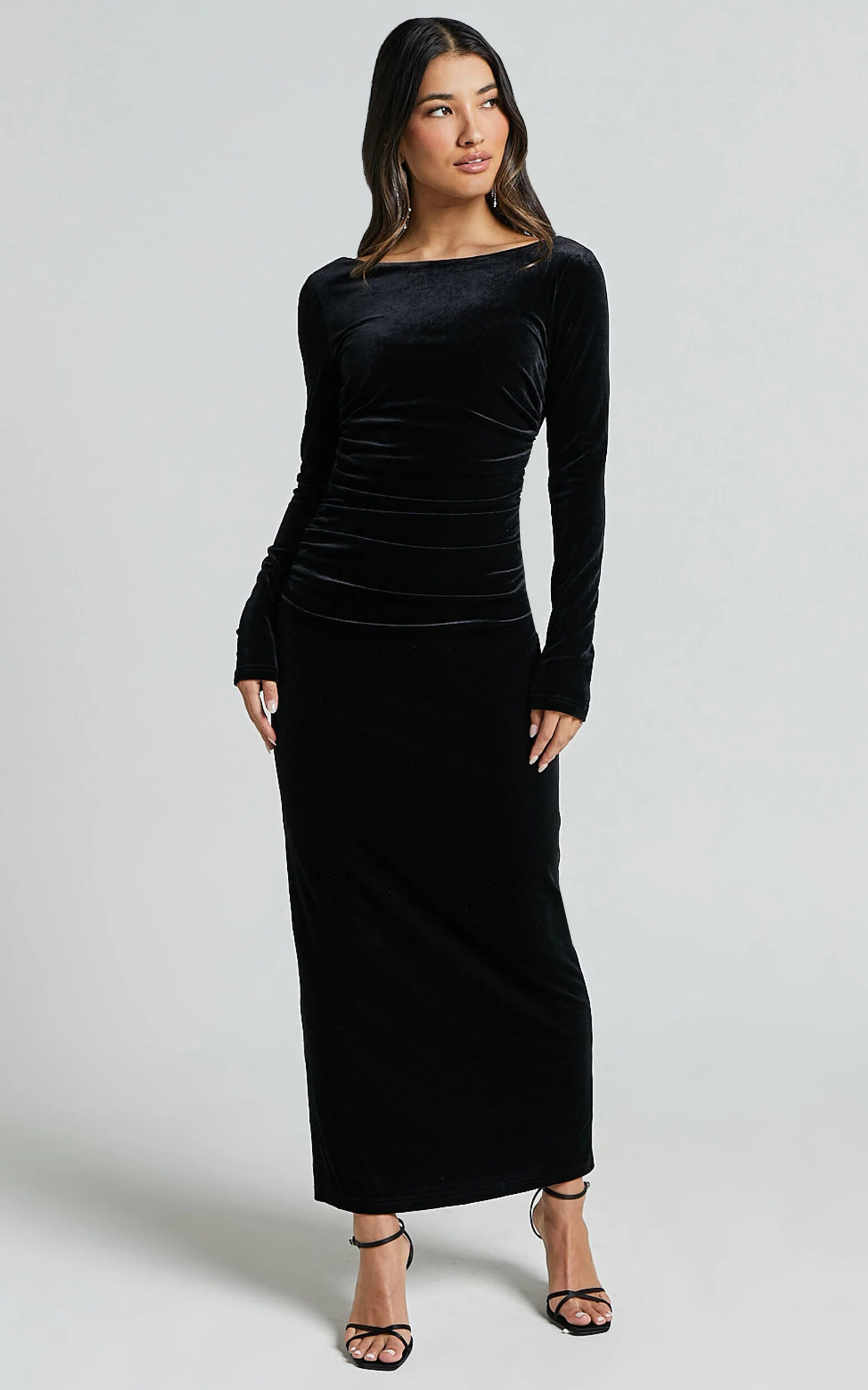 Mirabelle Midi Dress - Long Sleeve Back Cut Out Ruched Velvet Dress in Black