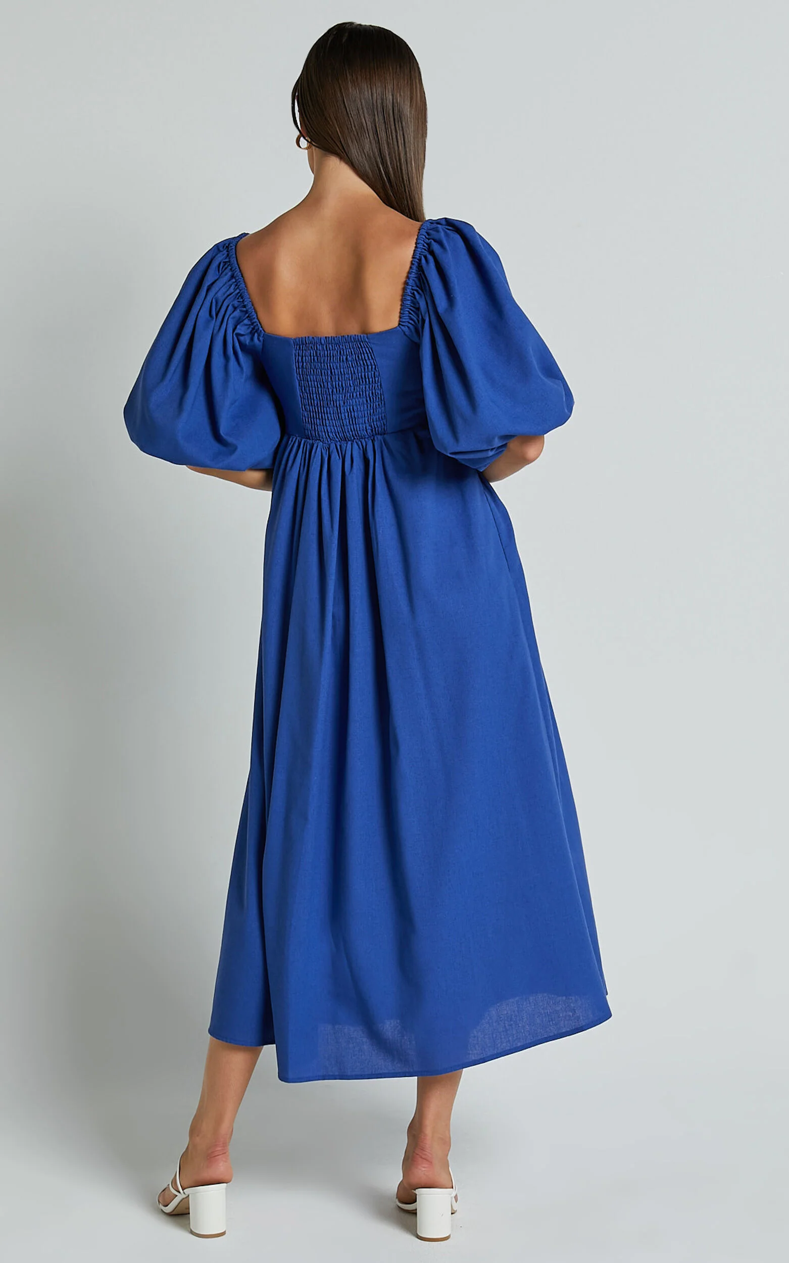 Cenia Midi Dress - Linen Straight Neck Shirred Back Puff Sleeve Dress in Bright Blue