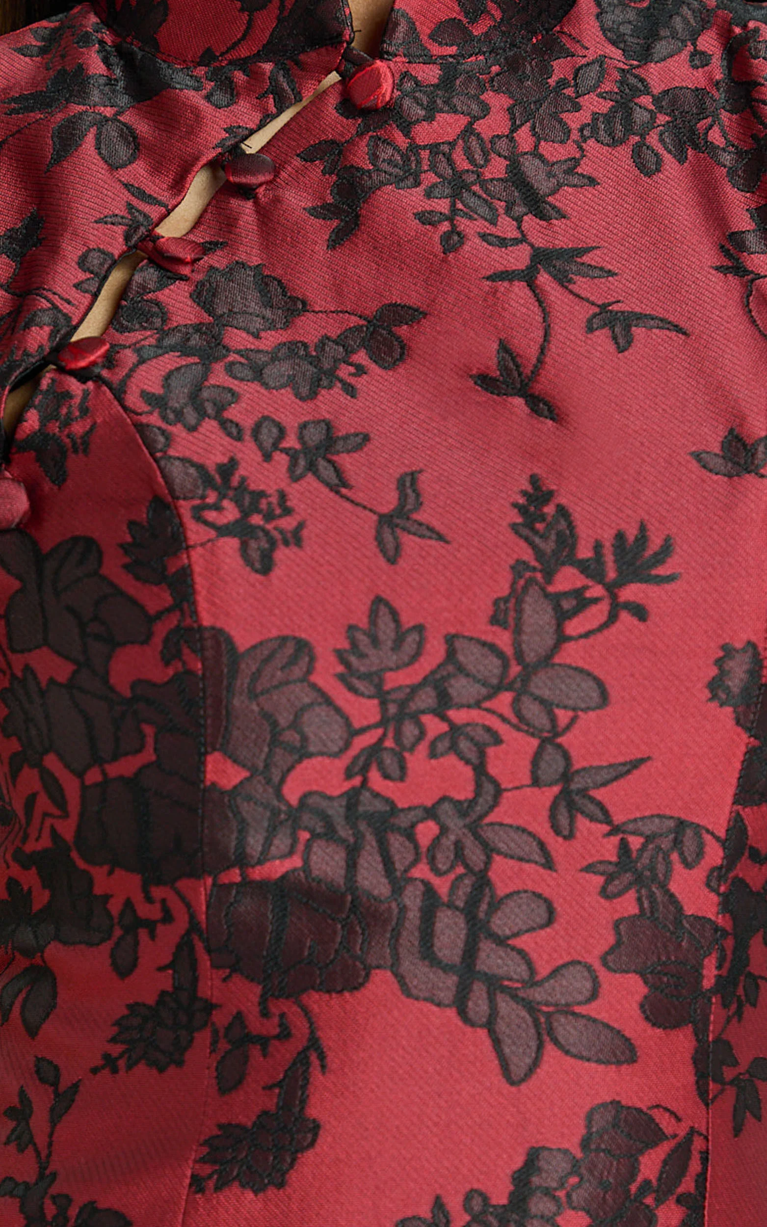 Mackay Mini Dress - Jacquard High Neck Puff Sleeve Dress in Red