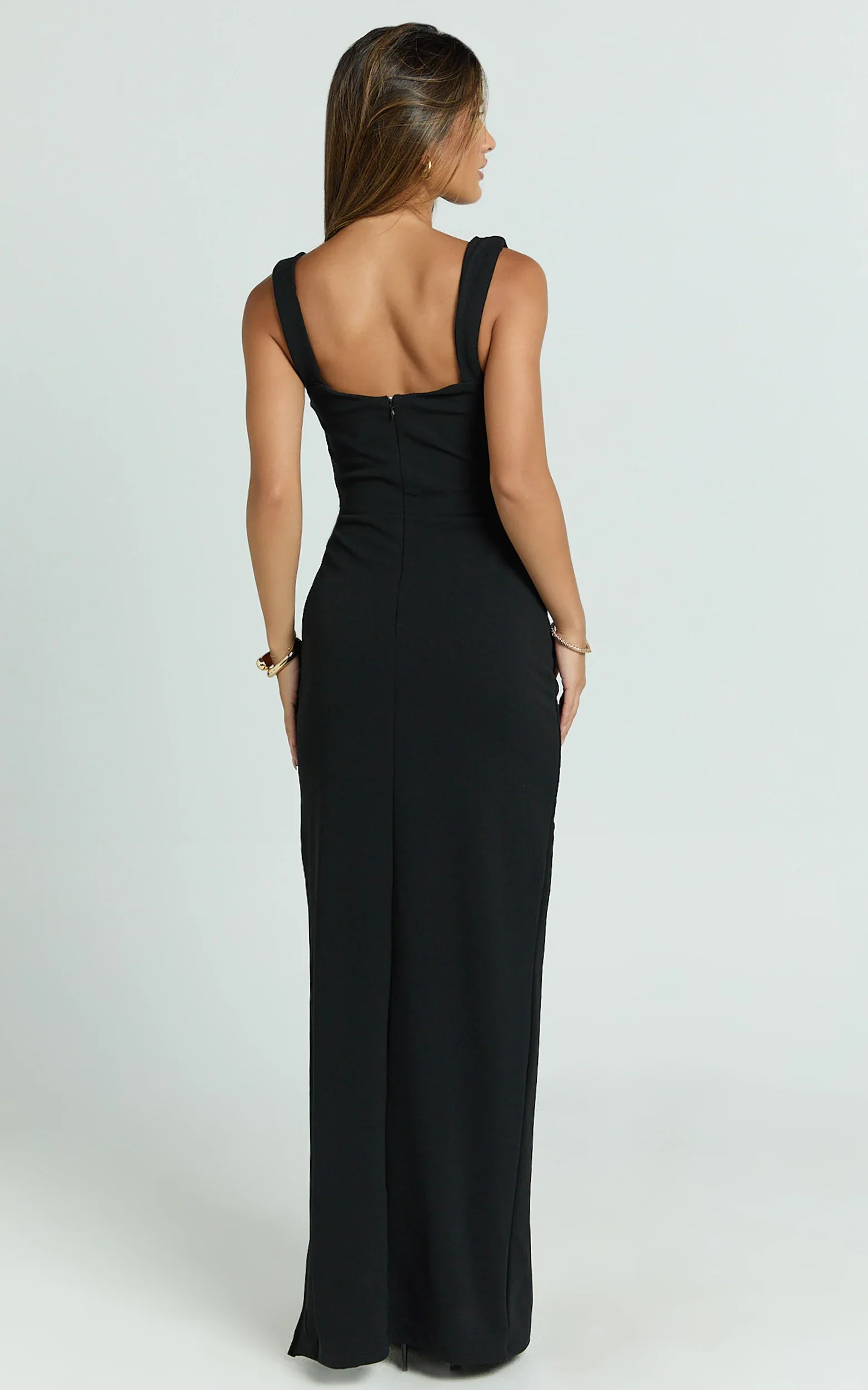 Donna Maxi Dress - Cowl Neck Column High Split Dress in Black