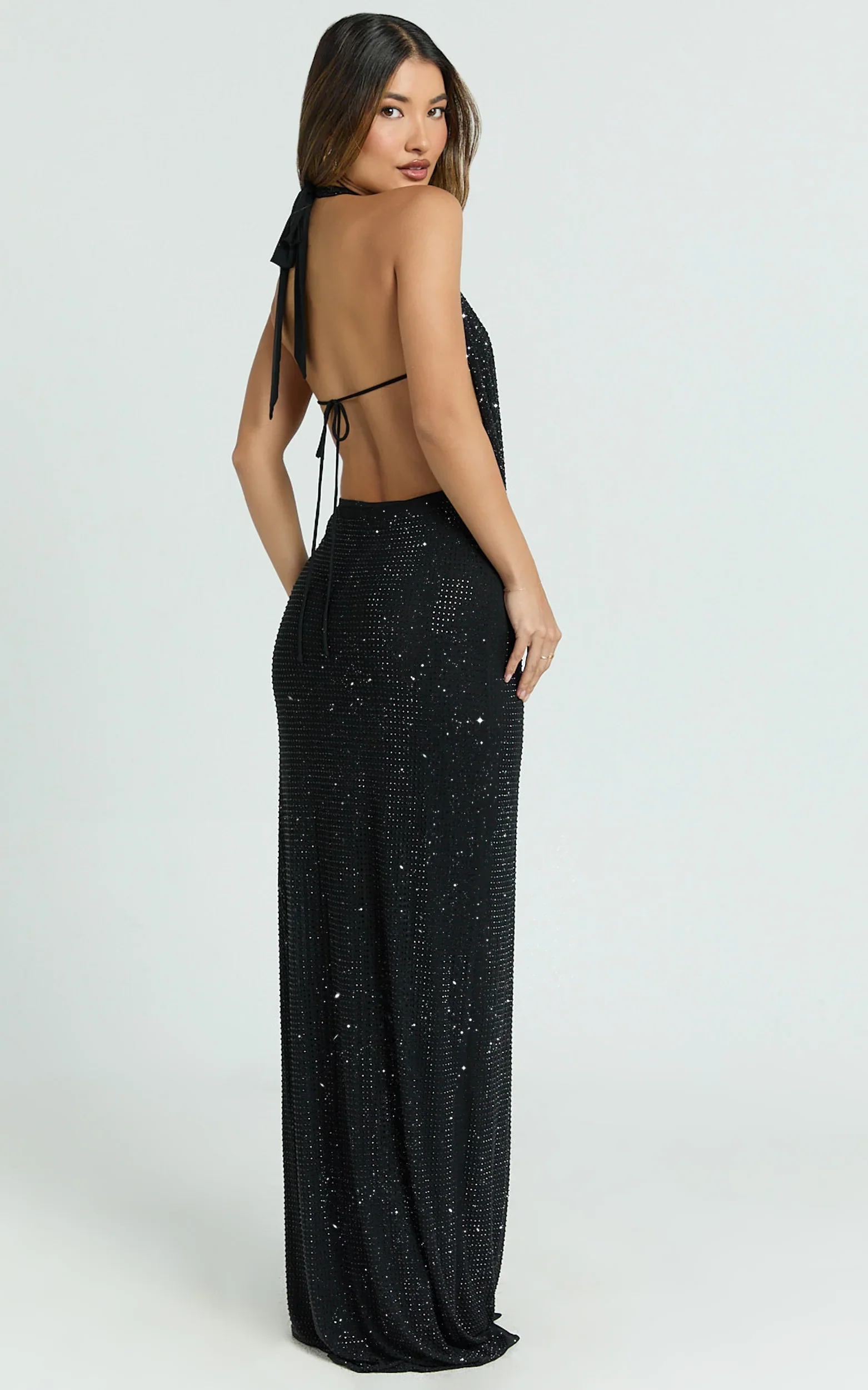 Felix Maxi Dress - Low Cowl Neck Bodycon Tie Back Dress in Black