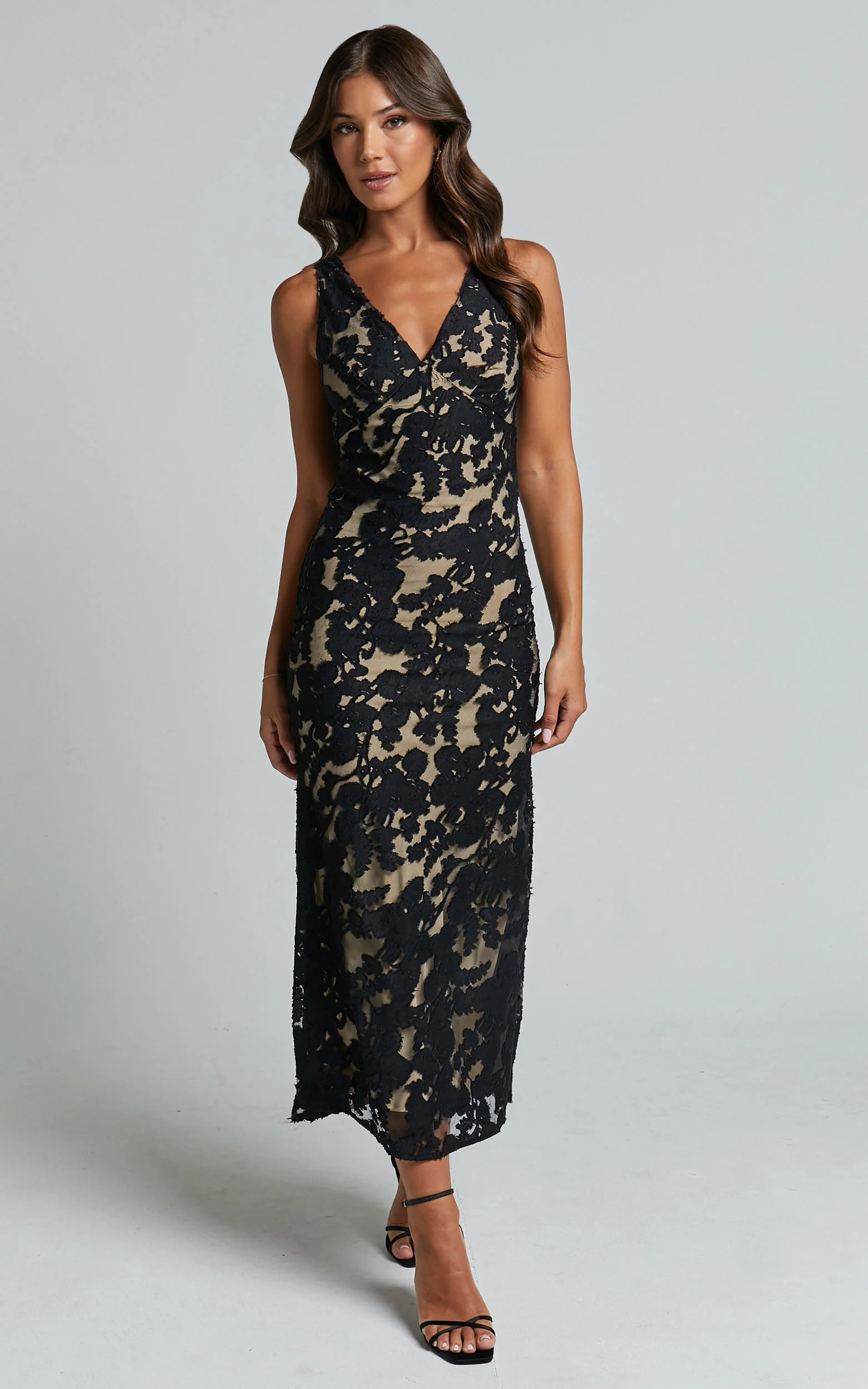 Zymae Midi Dress - Deep V Neck Lace Slip Dress in Black