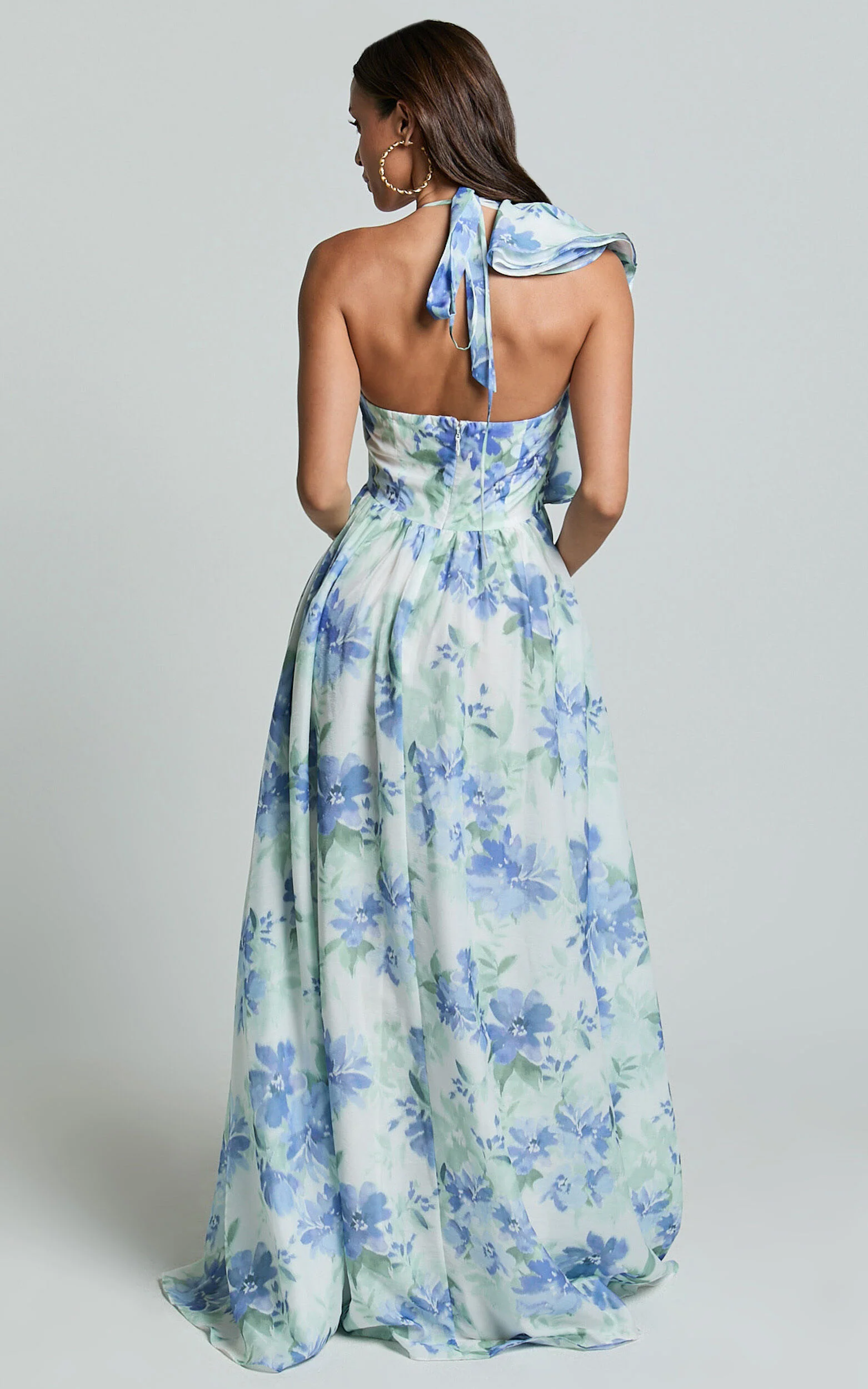 Amalie The Label - Fleur Halter Ruffle Detail A Line Maxi Dress in Elysian Print
