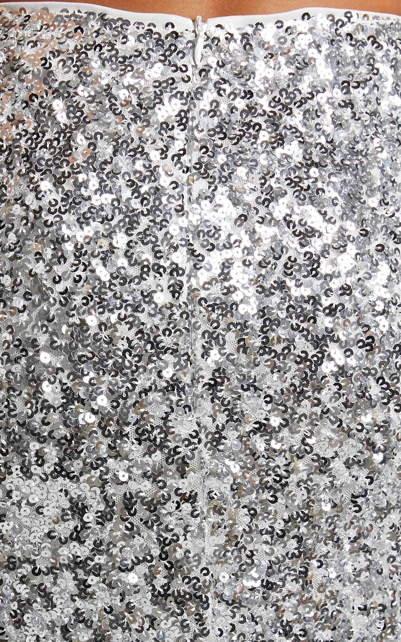 Hasley Midi Skirt - Sequin Bodycon Skirt in Silver