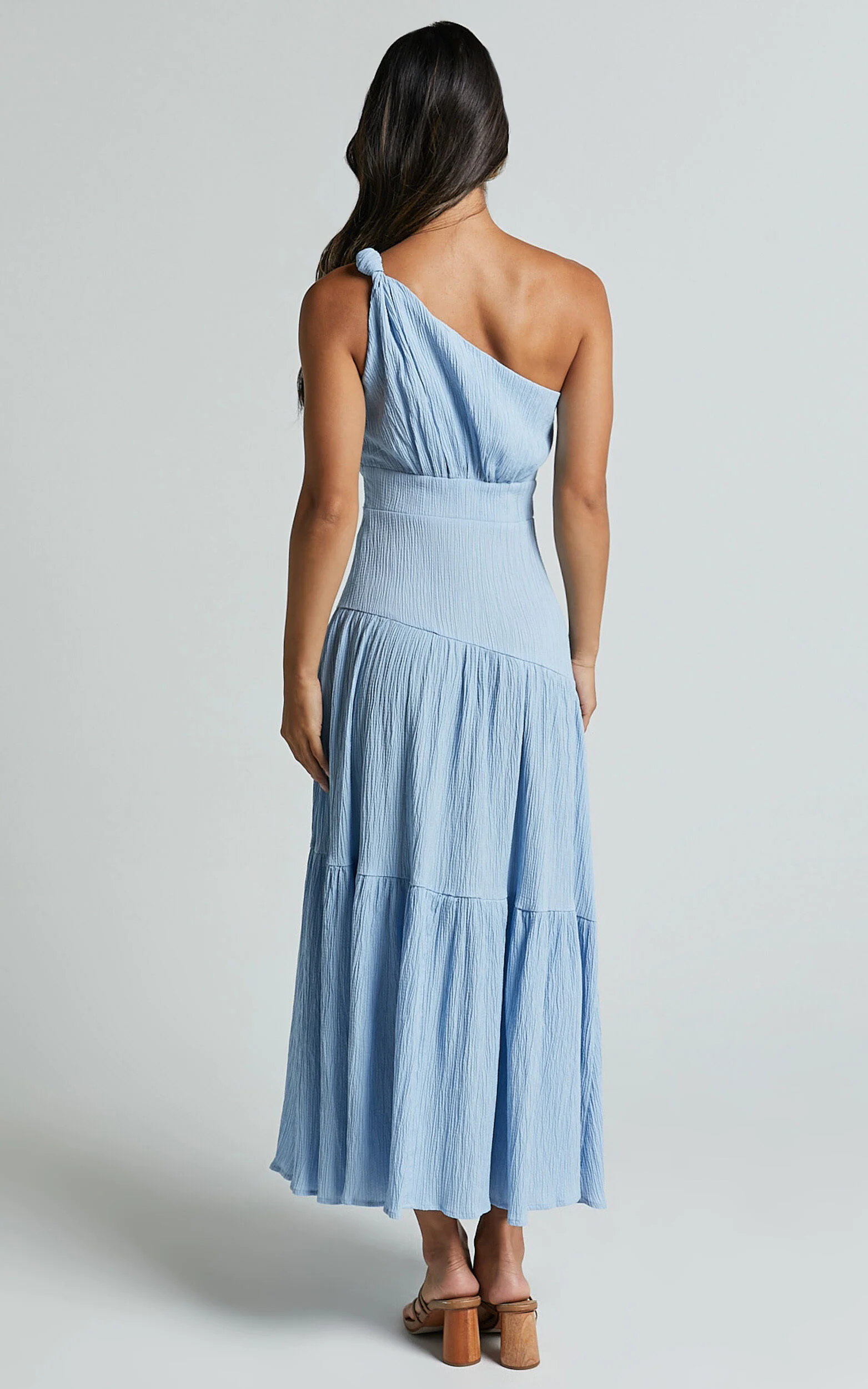 Celestia Midi Dress - Tiered One Shoulder Dress in Soft Blue
