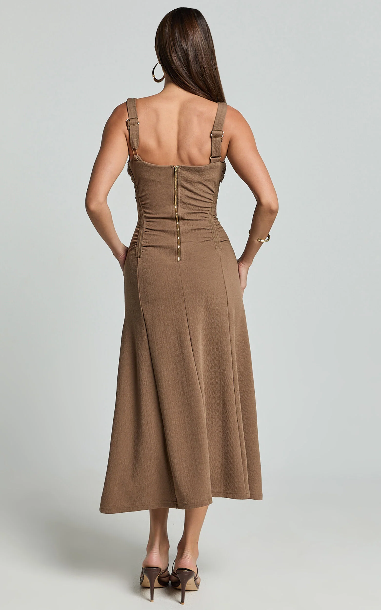 Jacel Midi Dress - Ruched Fit And Flare Dress in Mocha