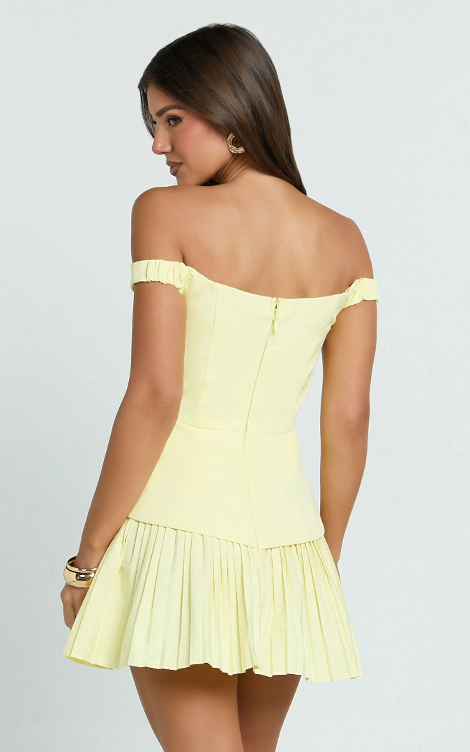 Izara Mini Dress - Off Shoulder Pleated Dress in Lemon