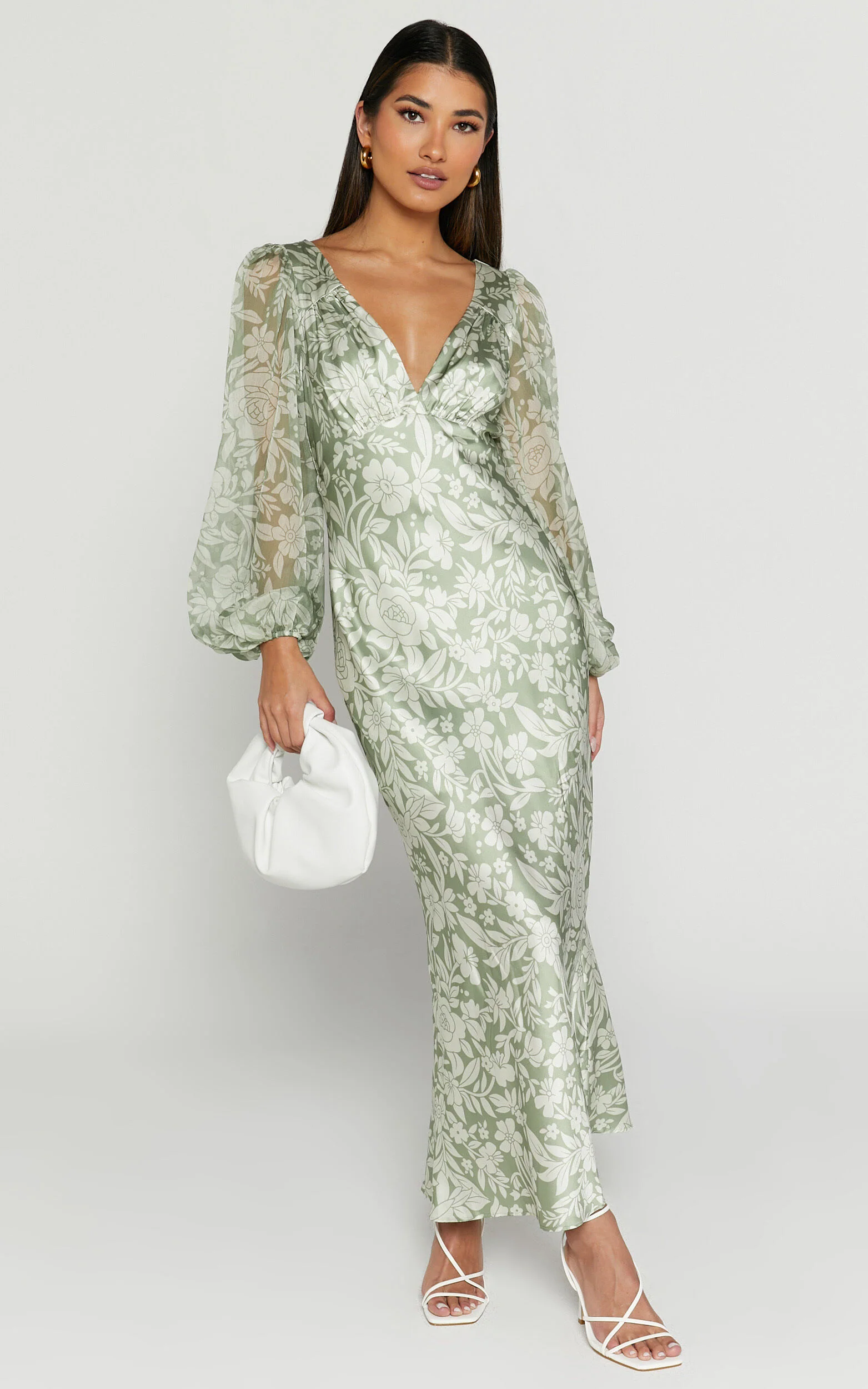 Freollyn Midi Dress - Deep V Neck Long Sleeve Dress in Sage