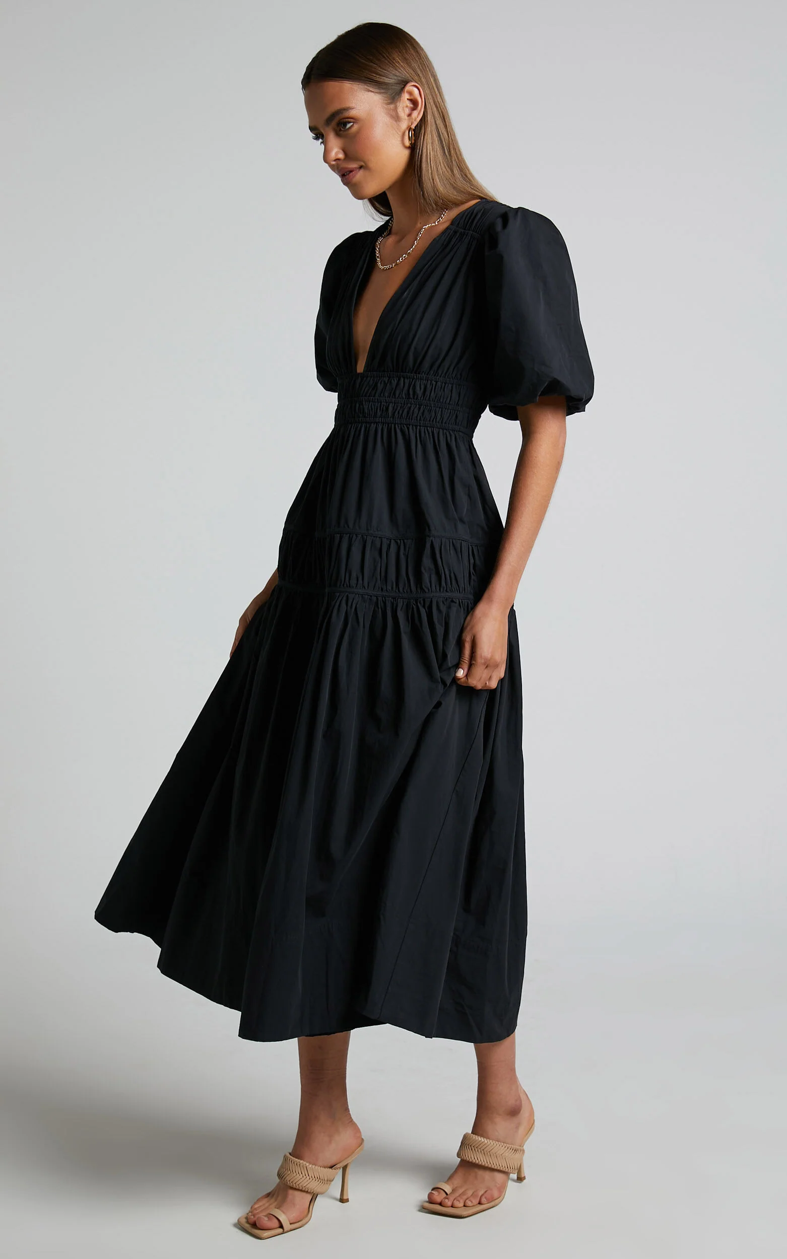 Mellie Midi Dress - Puff Sleeve Plunge Tiered Dress in Black