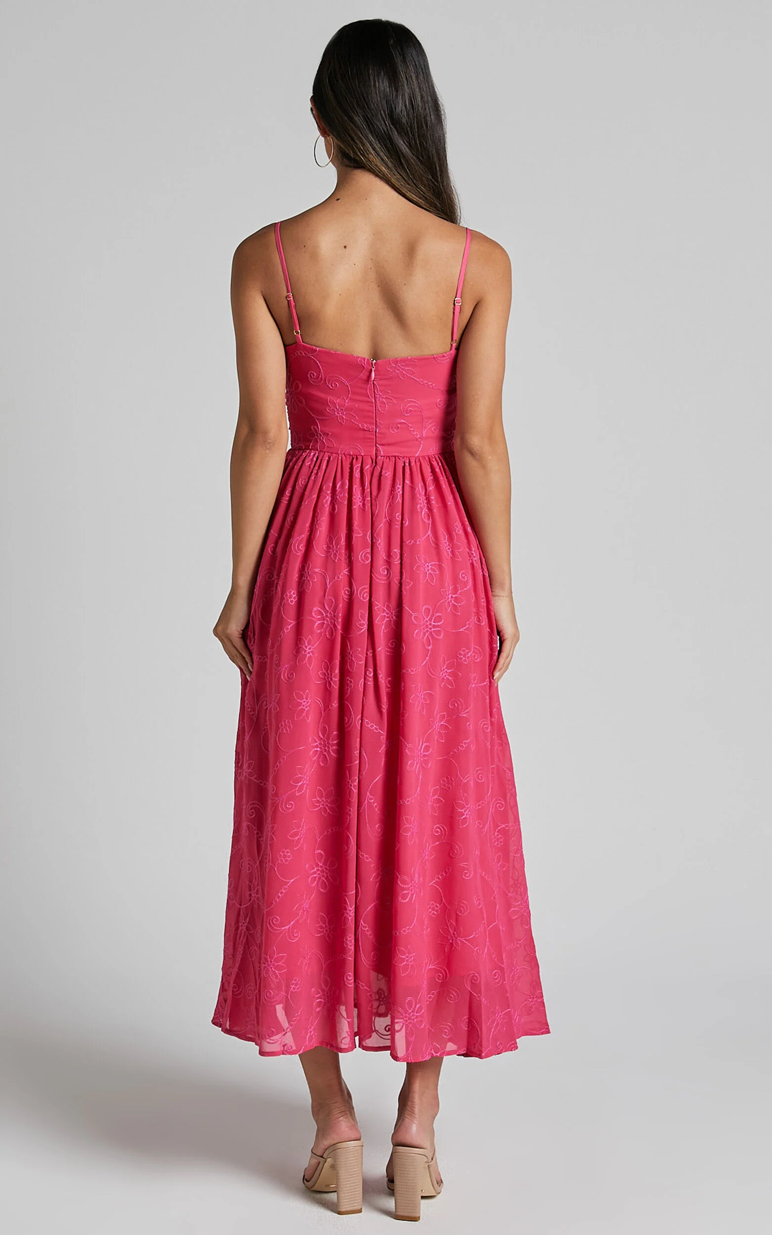 Adina Midi Dress - Embroidered Strappy Straight Neck Ruched Bodice Dress in Pink