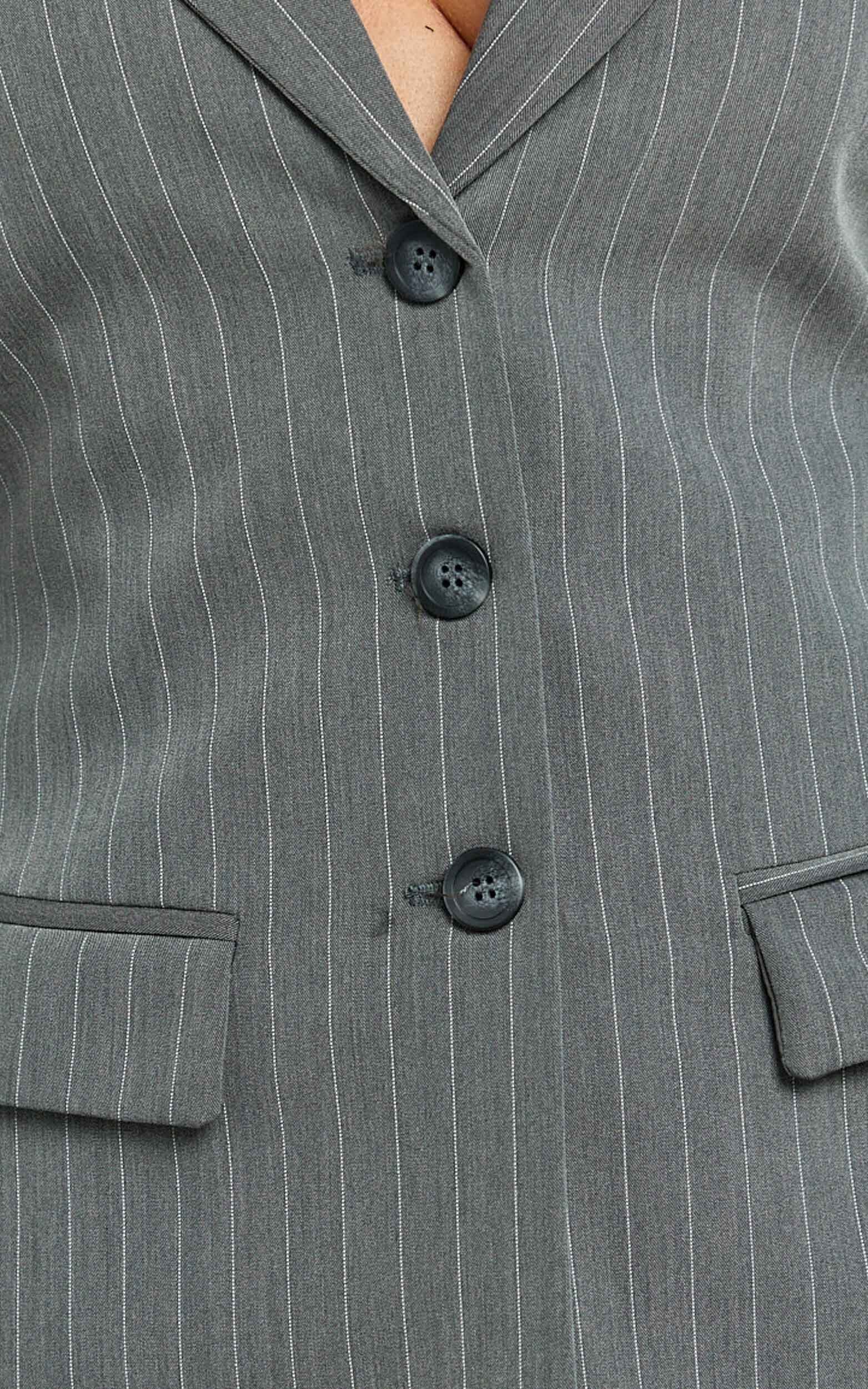 Fiona Blazer - Pinstripe Fitted Hourglass Triple Button Blazer in Dark Grey