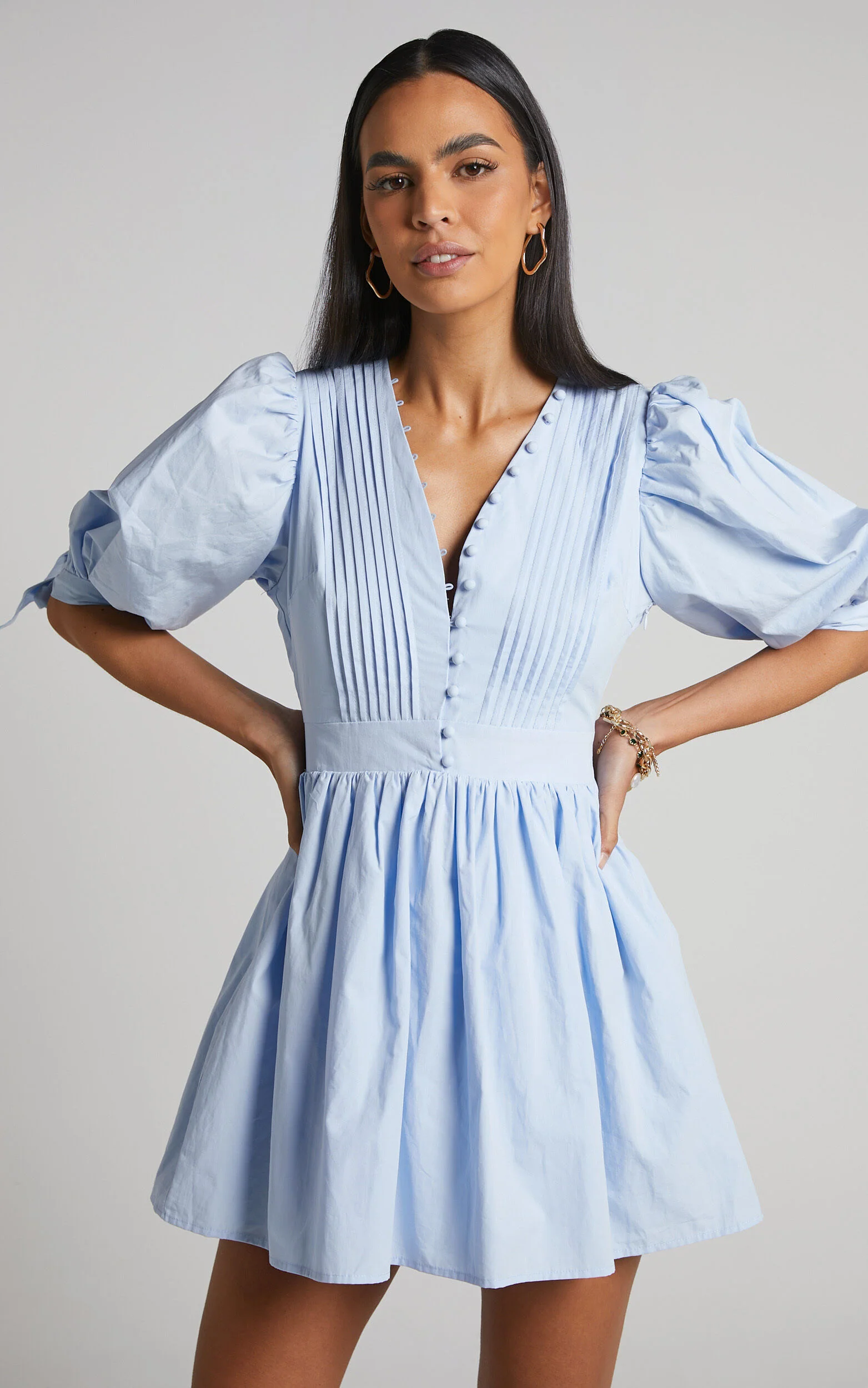 Zandra Mini Dress - Puff Sleeve Poplin Dress in Icy Blue