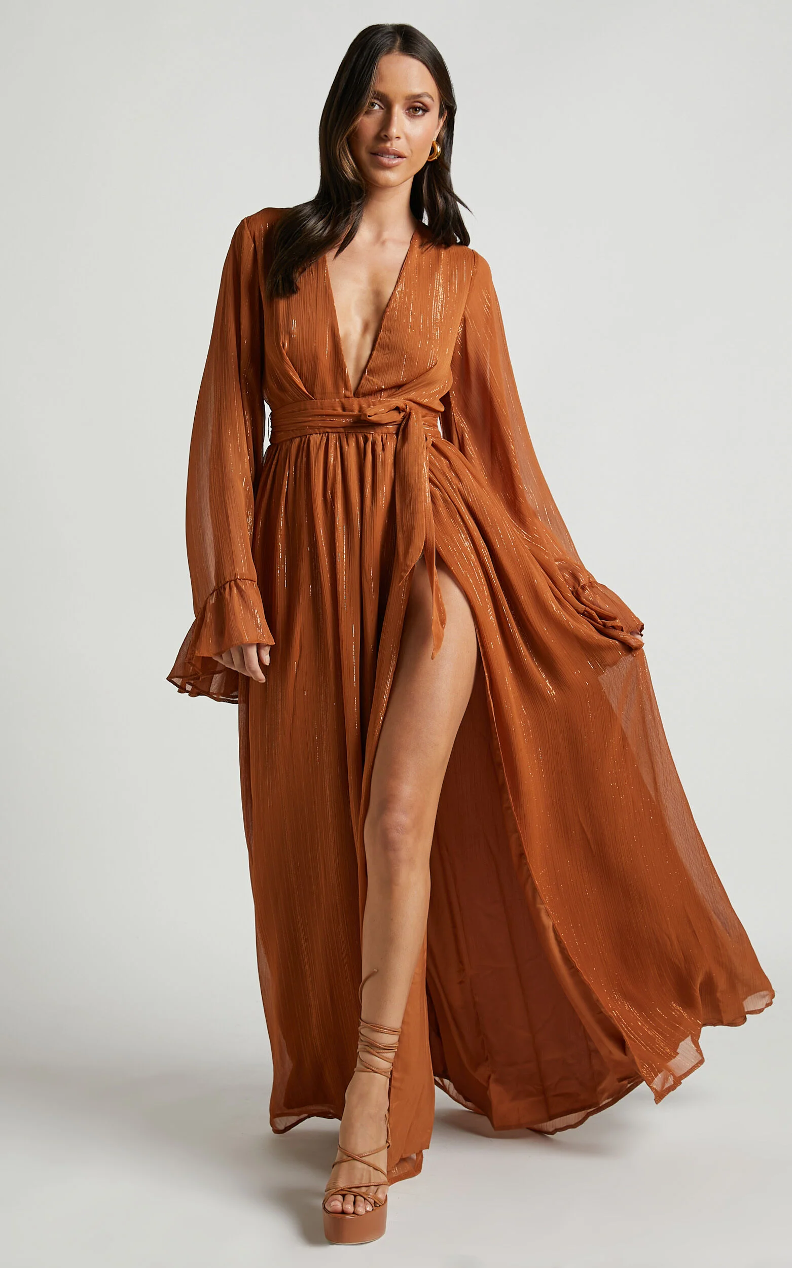 Dangerous Woman Maxi Dress - Plunge Thigh Split Dress in Rust