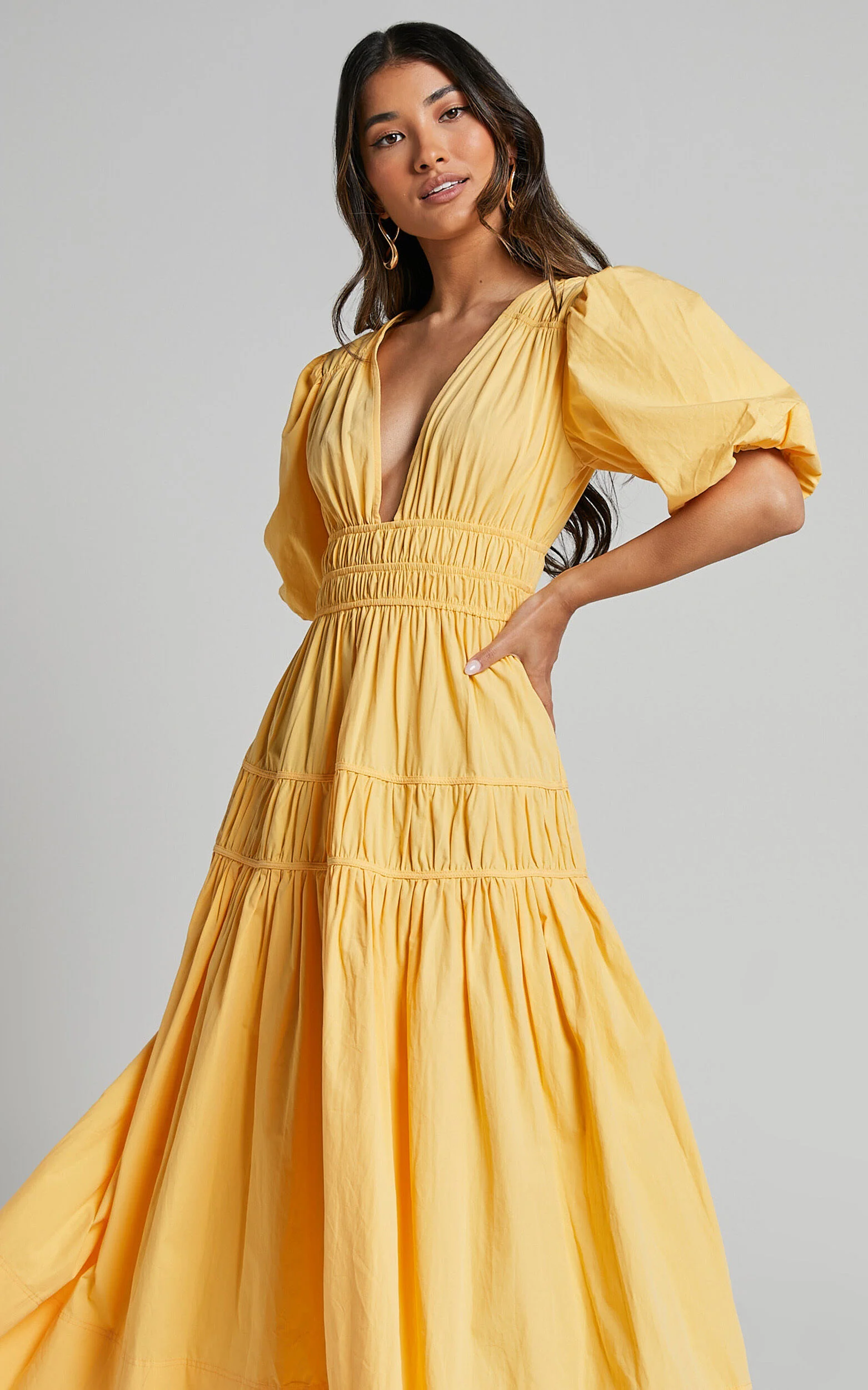 Mellie Midi Dress - Puff Sleeve Plunge Tiered Dress in Pineapple