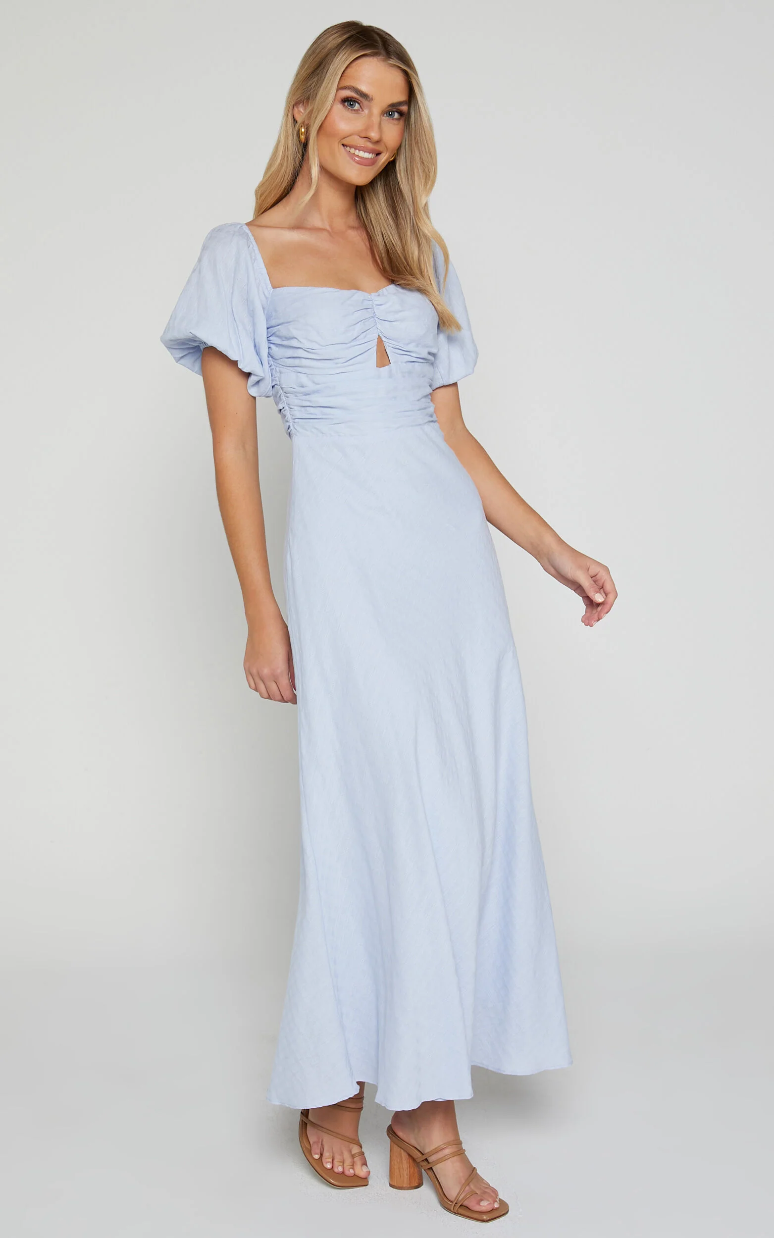 Vynna Midi Dress - Scoop Neck Puff Sleeve Ruched Bust A Line Dress in Blue
