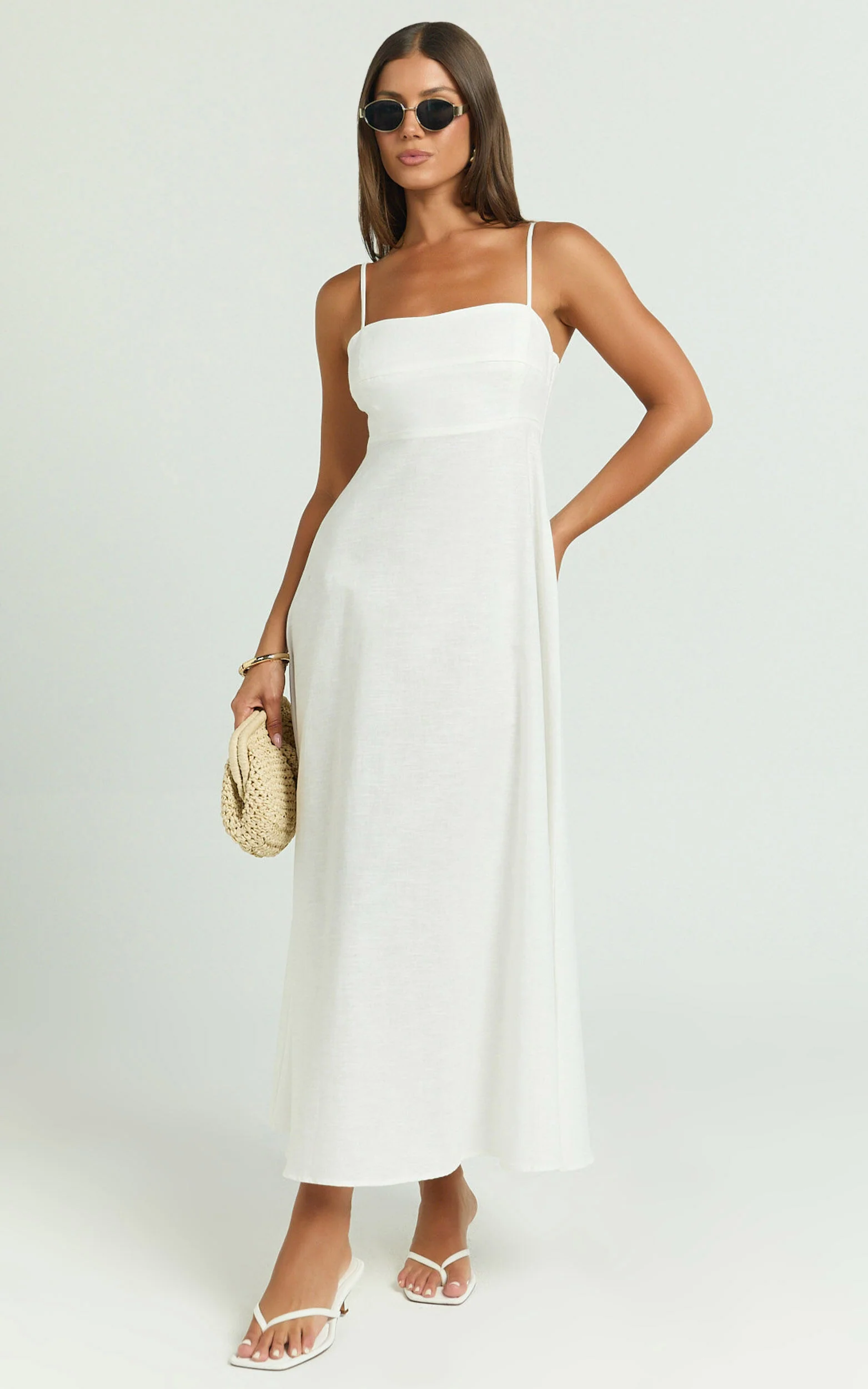 Brette Midi Dress - Linen Straight Neck Strappy Fit And Flare Dress in White