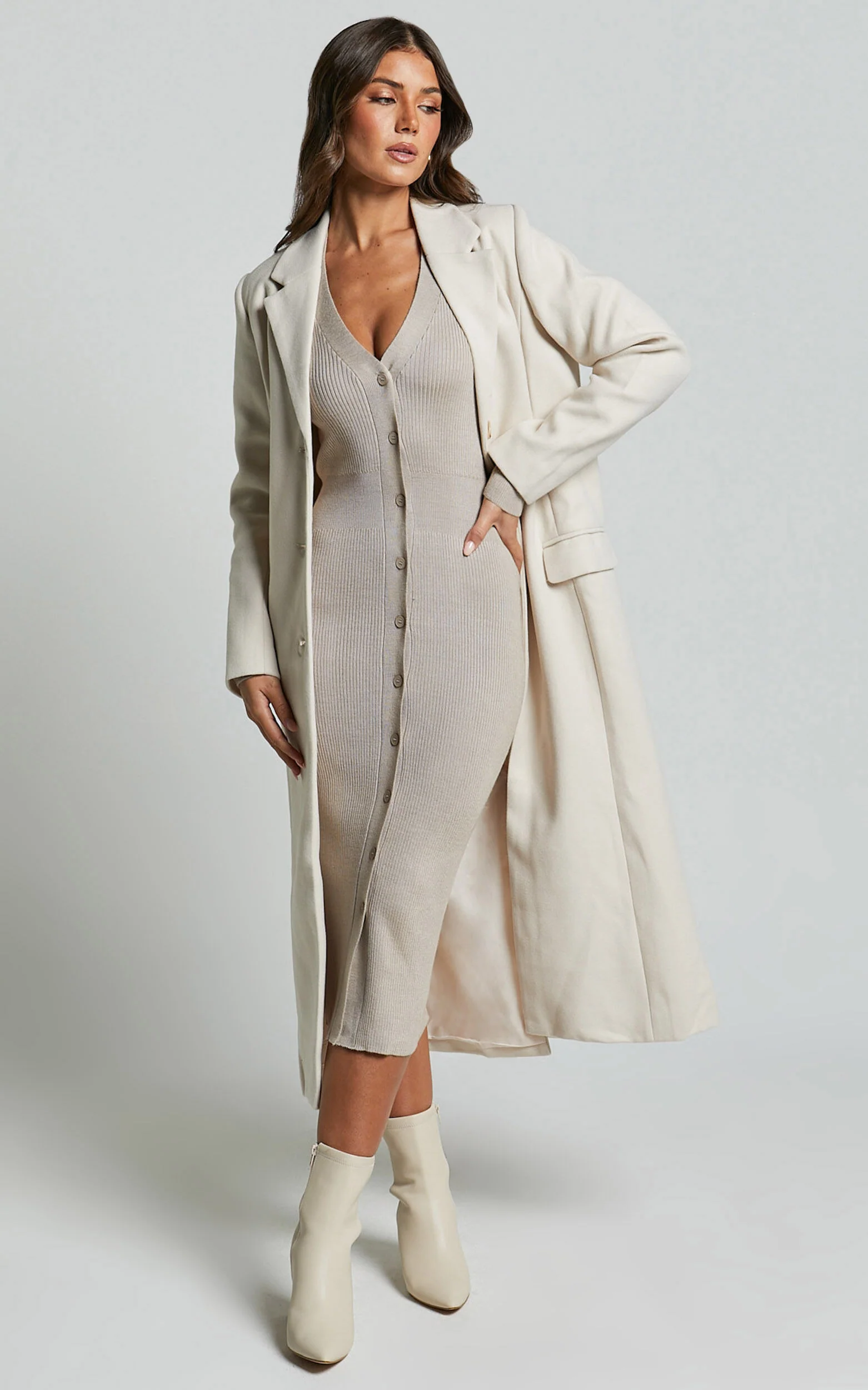 Leahanna Midi Dress - Button Front Knit Dress in Taupe