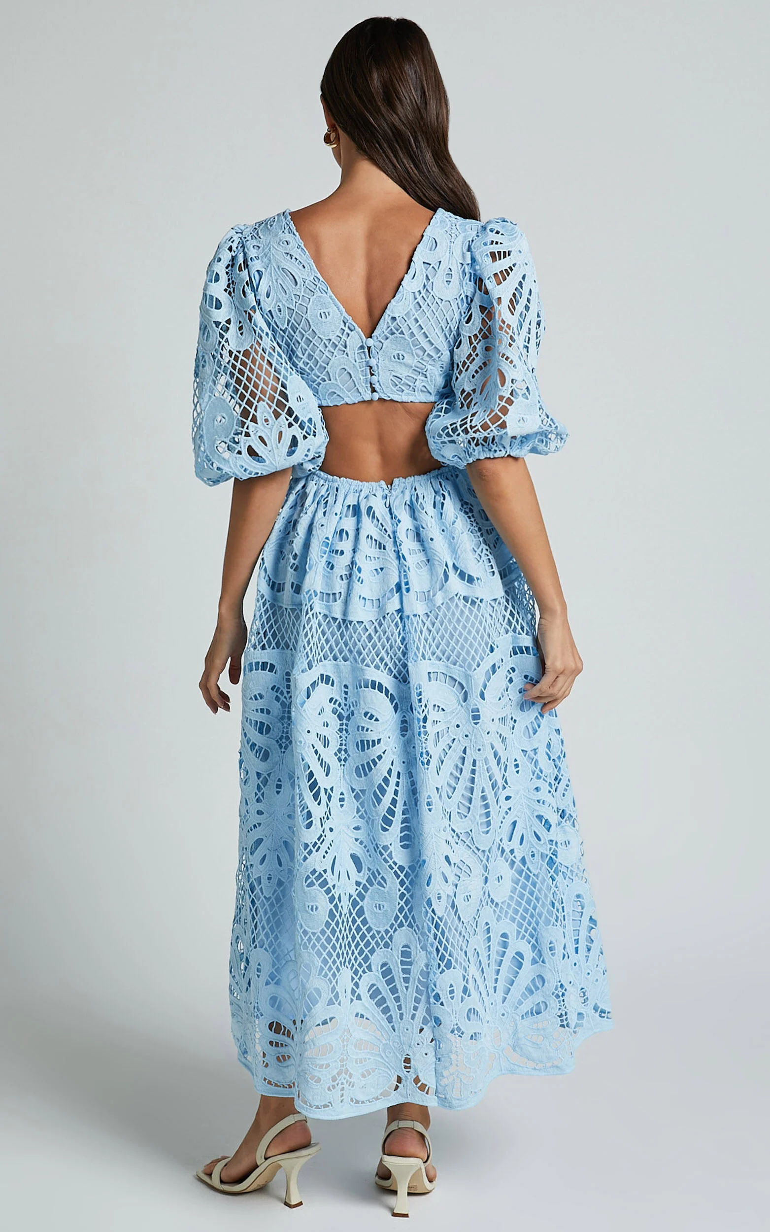 Anieshaya Midi Dress - V Neck Cut Out Lace Dress in Soft Blue