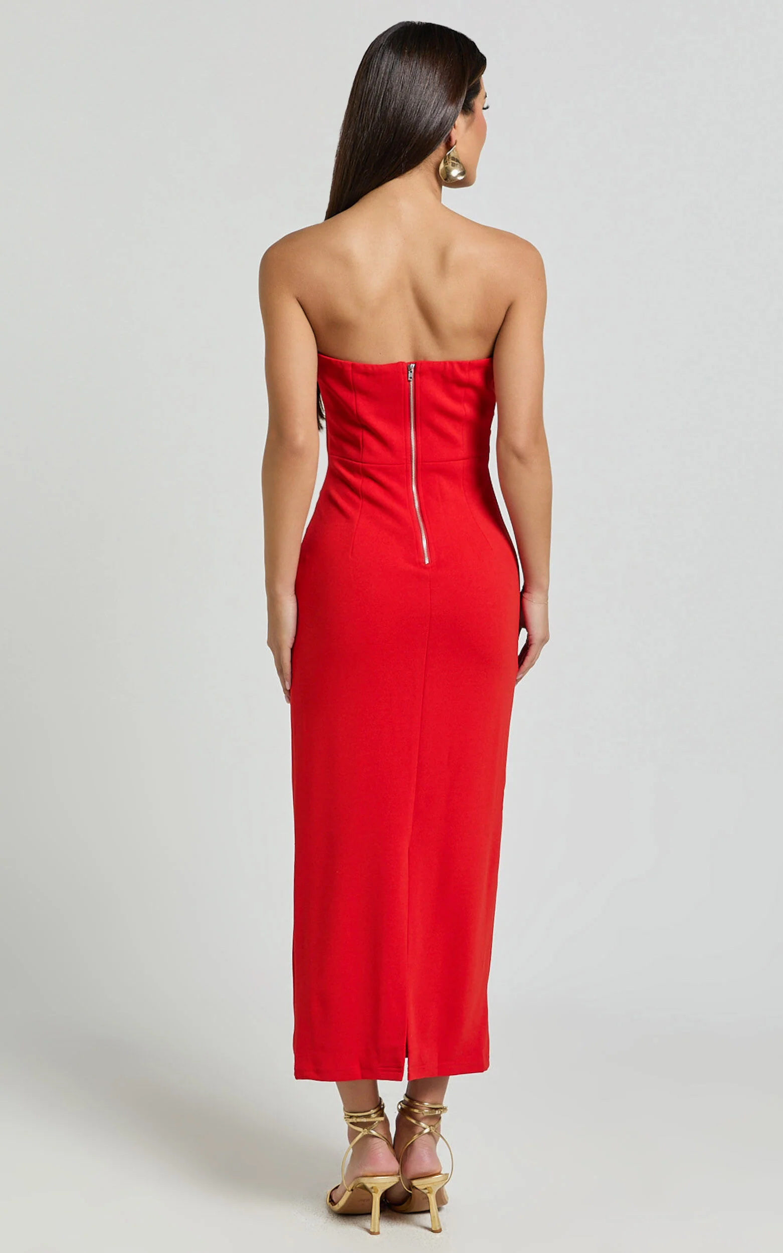 Calanthe Midi Dress - Strapless Tuck Detail Dress in Red