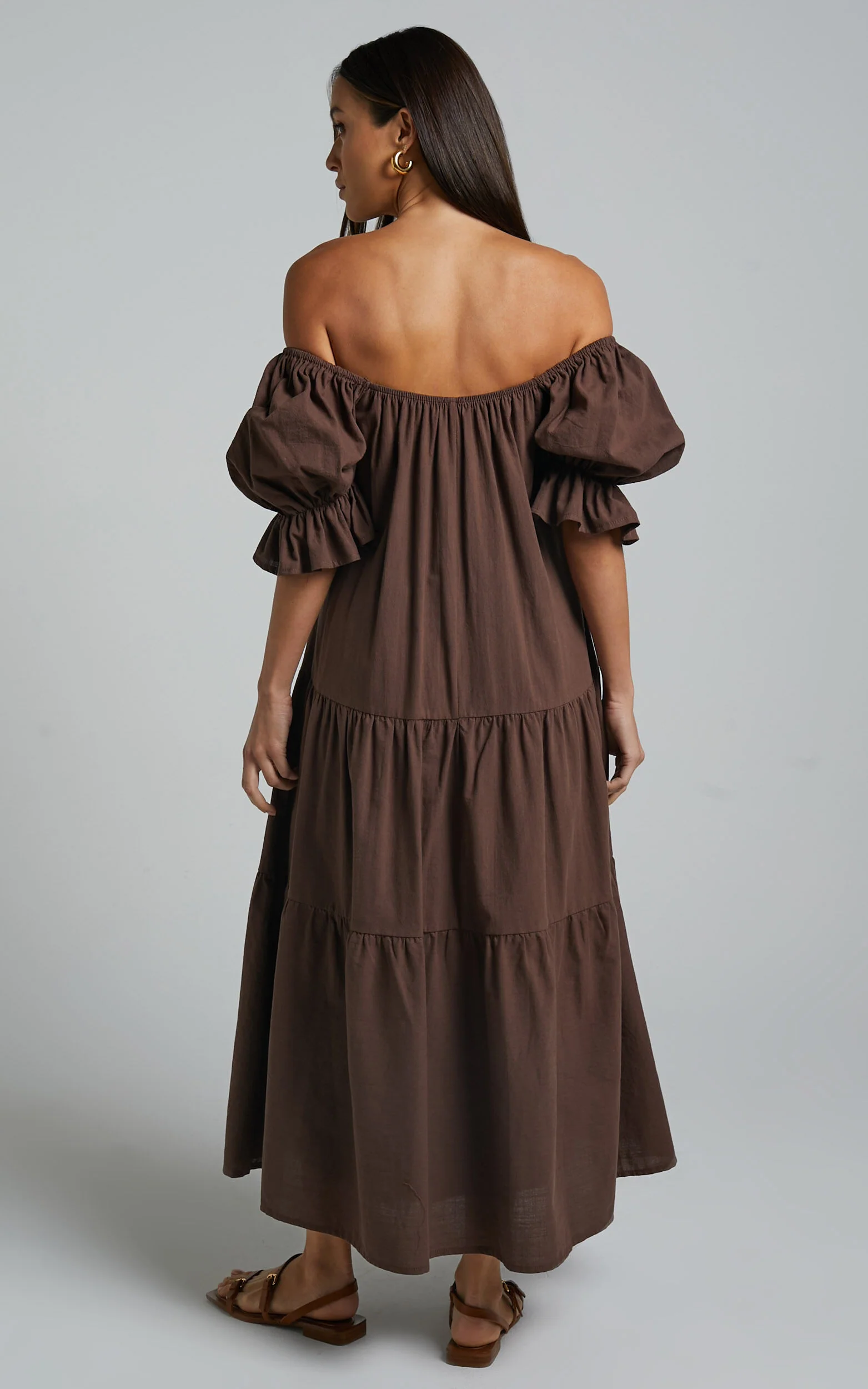 Zaharrah Midi Dress - Tiered Dress in Chocolate Linen Look
