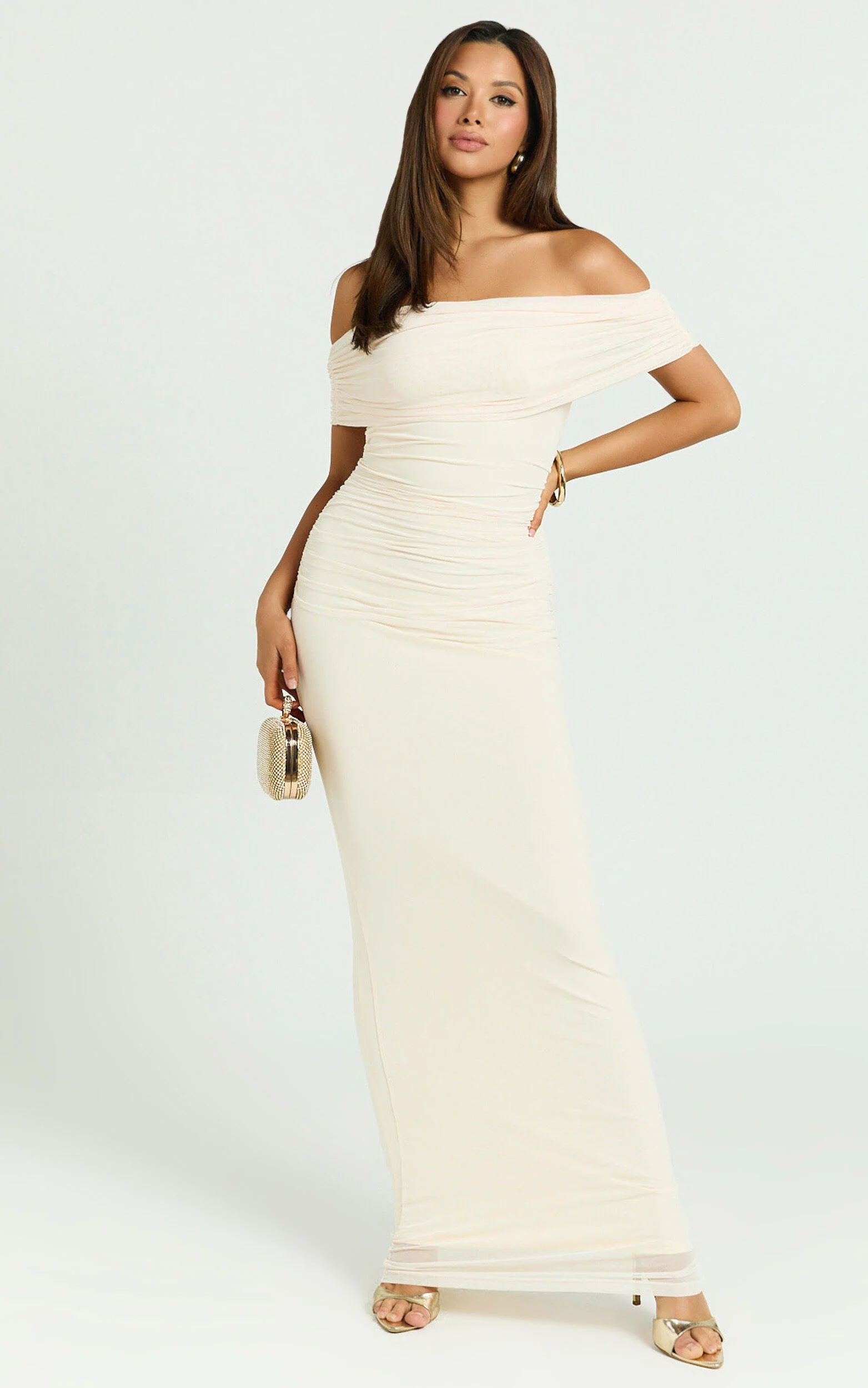 Caterina Maxi - Ruched Off Shoulder Mesh Dress in Off White