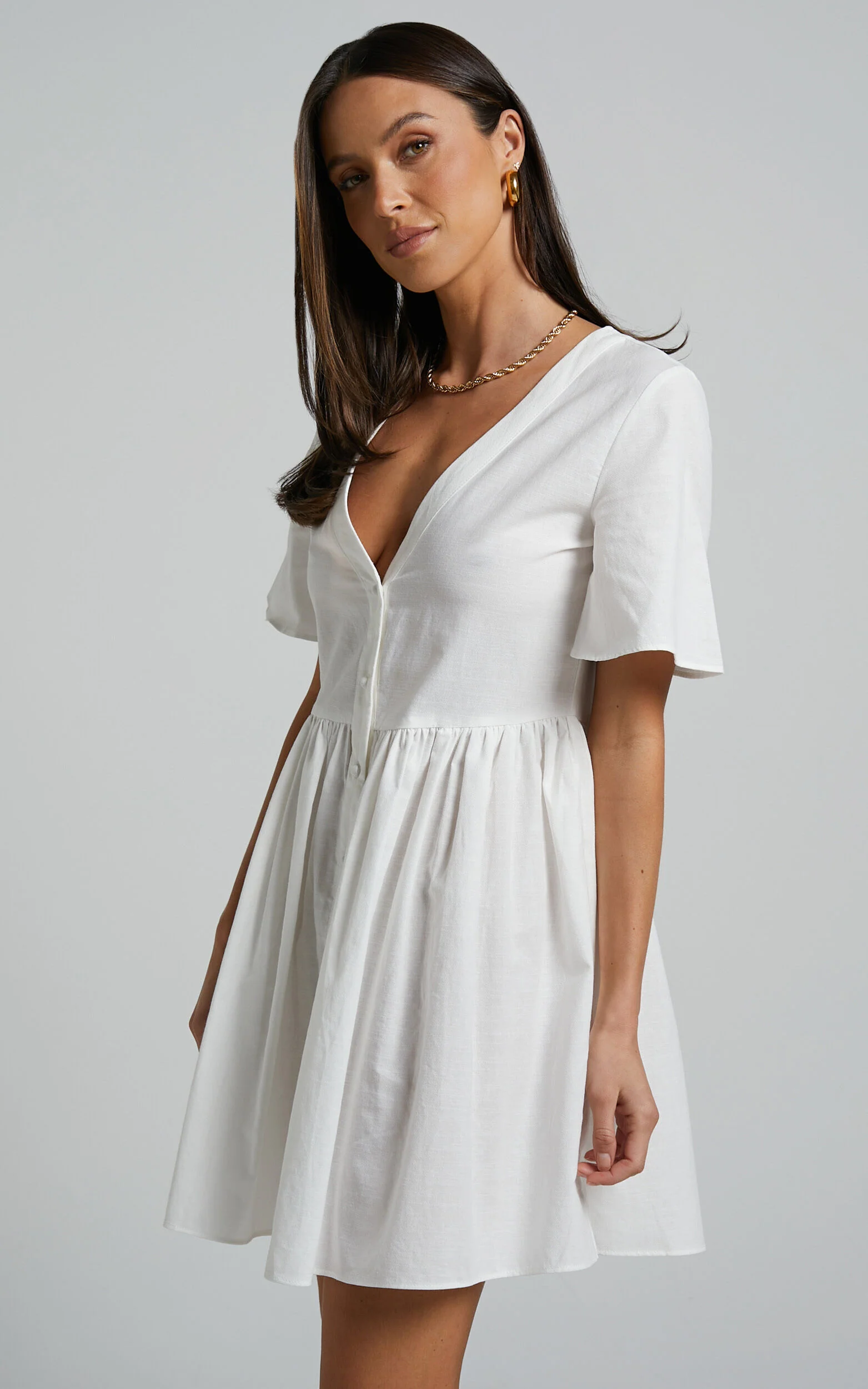 Staycation Mini Dress - Smock Button Up Dress in White