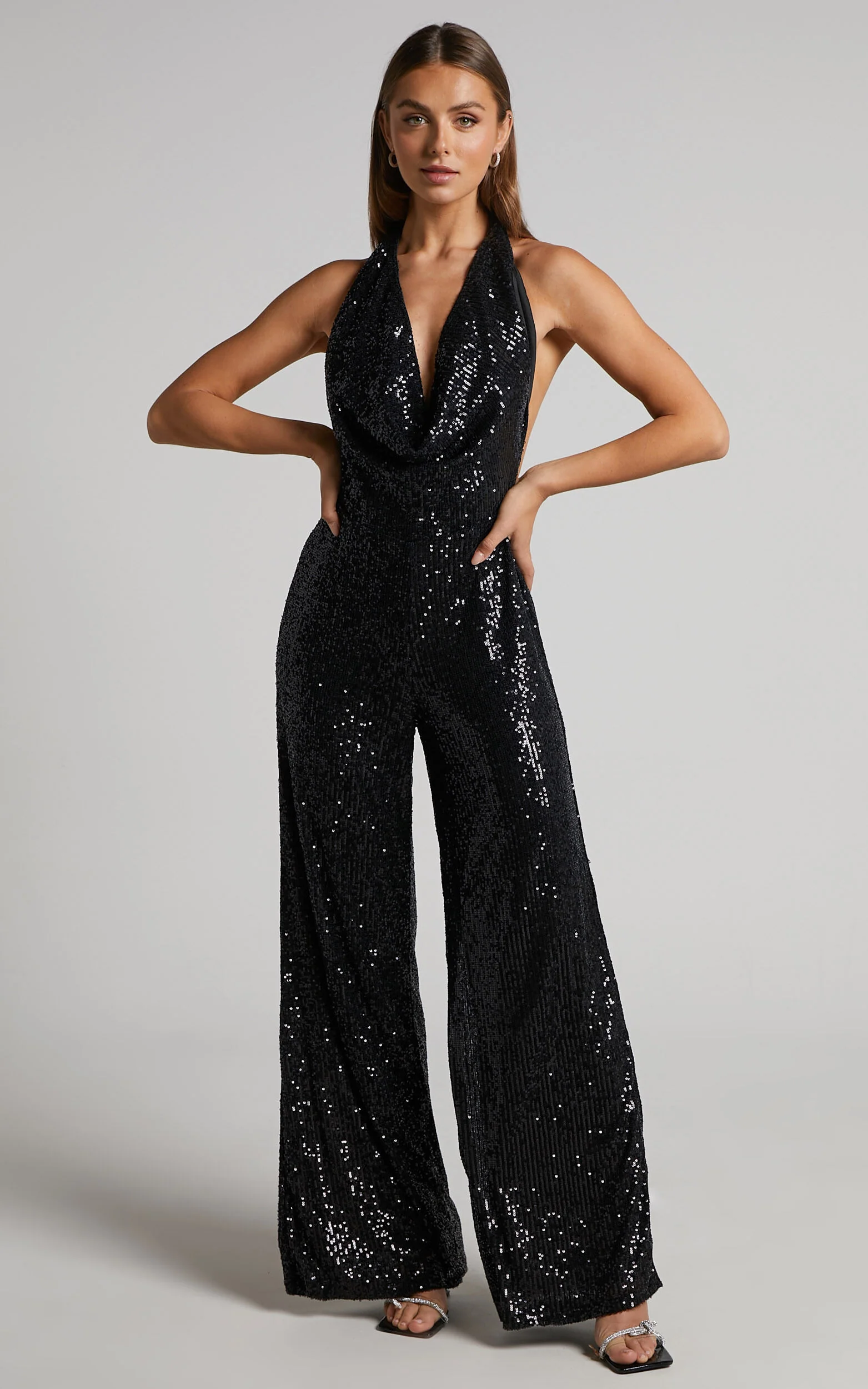 Julien Jumpsuit - Backless Wide Leg Cowl Neck Sequin Jumpsuit in Black