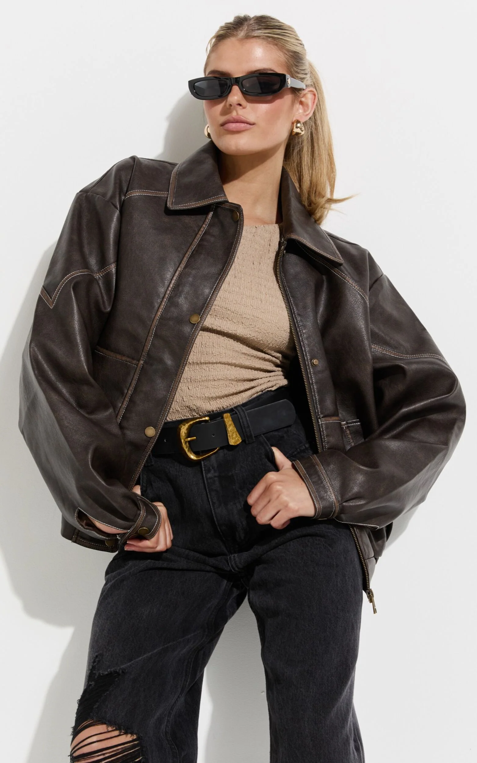 Gail Jacket - Faux Leather Bomber Jacket in Washed Brown