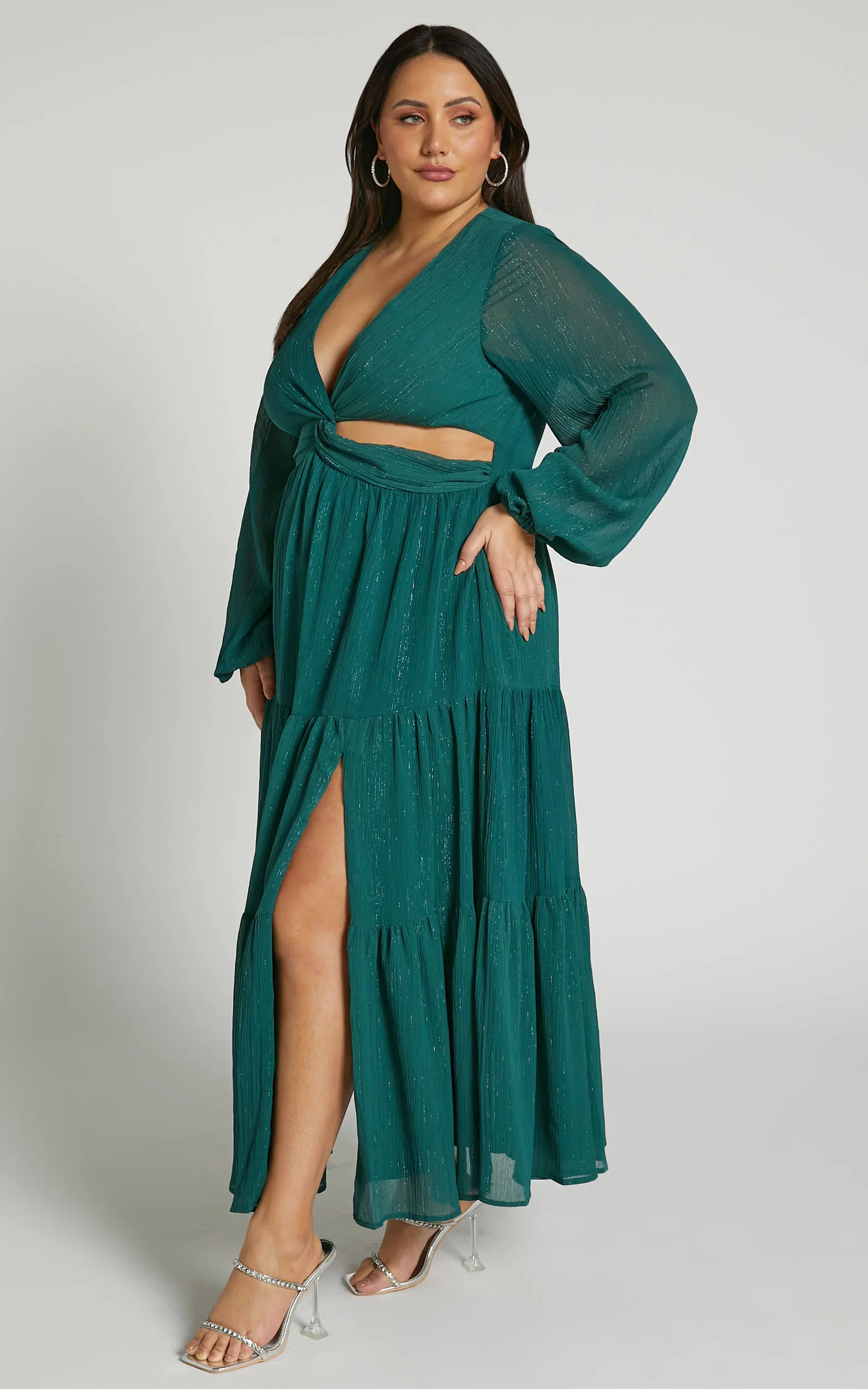 Edelyn Midi Dress - Cut Out Balloon Sleeve Tiered Dress in Emerald