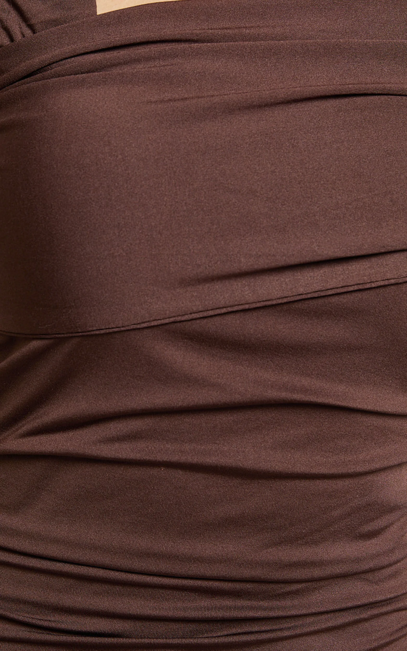 Meadow Mini Dress - Asymmetrical Off Shoulder Jersey Ruched Dress in Chocolate