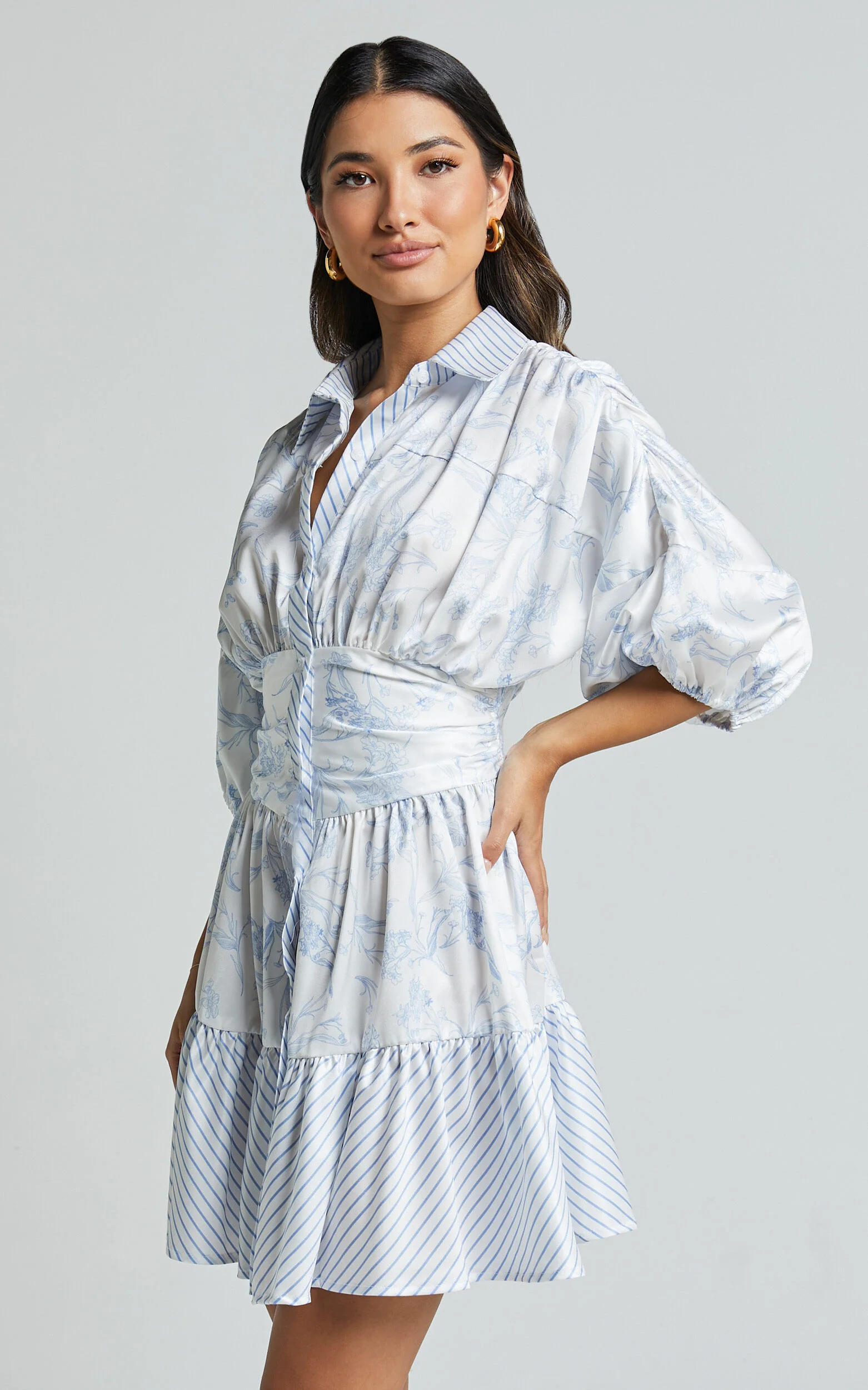 Amabella Mini Dress - 3/4 Sleeve Collared Button Up Dress in Blue