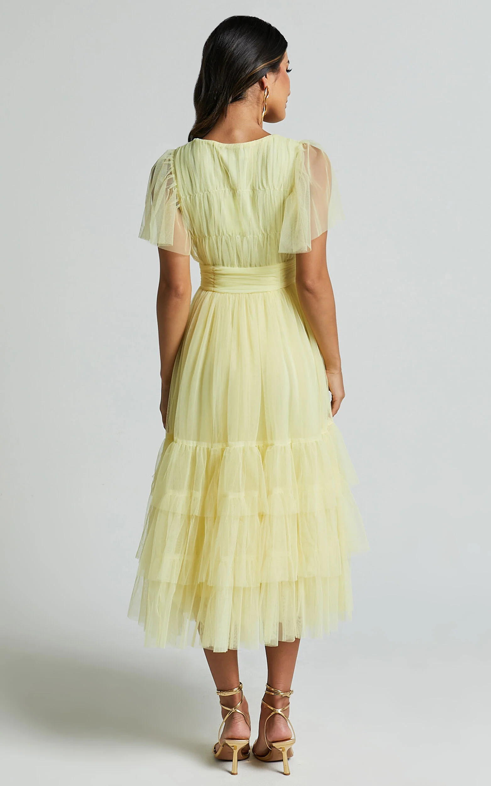 Jiraye Midi Dress - Flutter Sleeve Tuelle Plunge Dress in Lemon